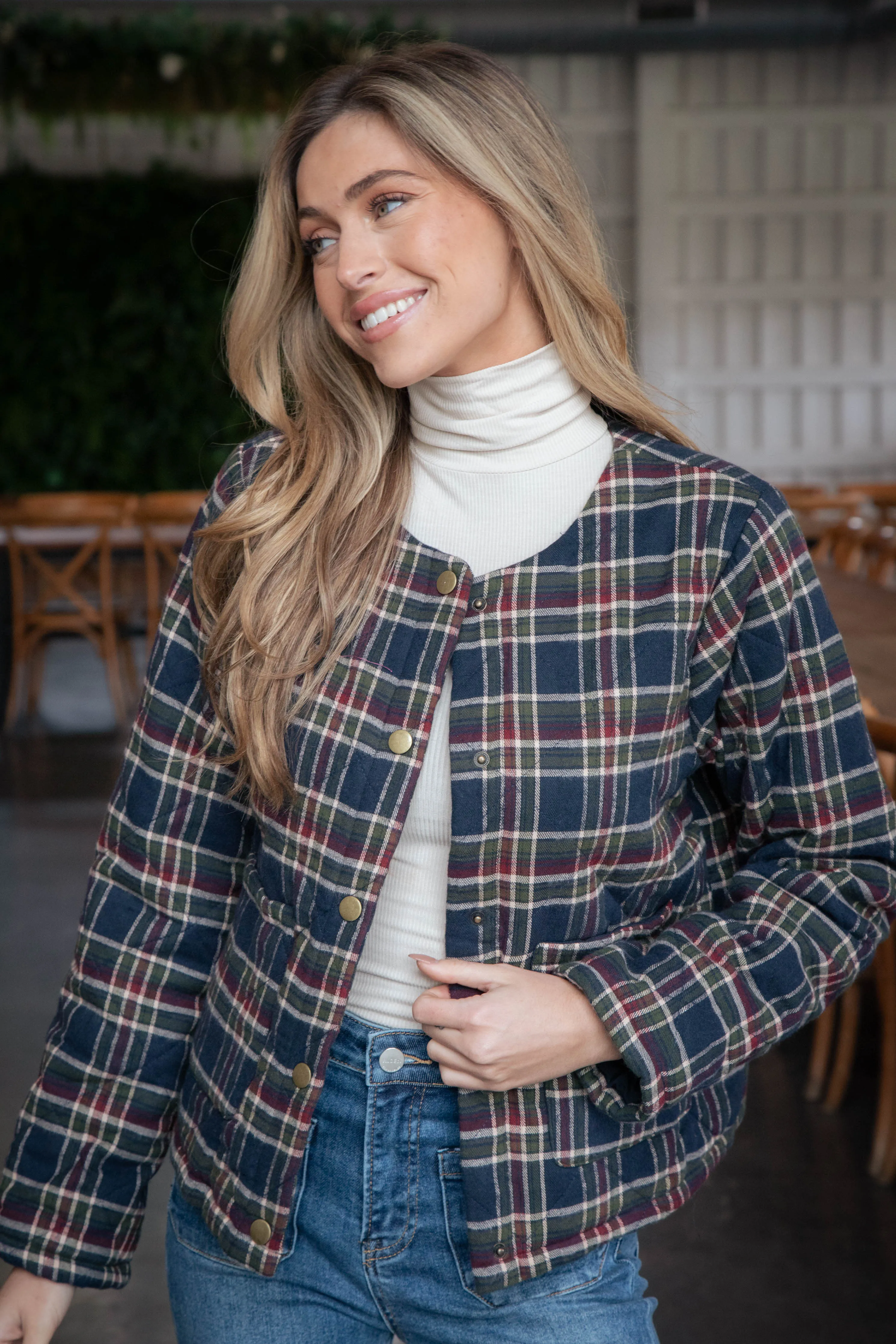 Judith Quilted Plaid Jacket, Navy