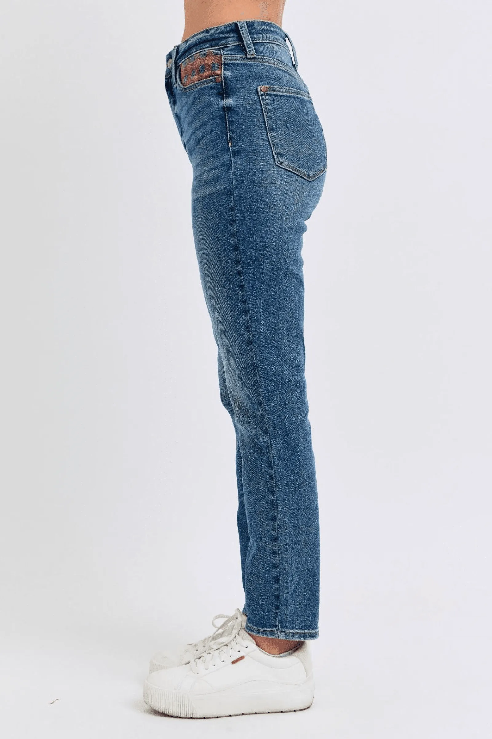 Judy Blue High Waist Plaid Patch Slim, straight leg 88868 | Sleek Denim Boutique