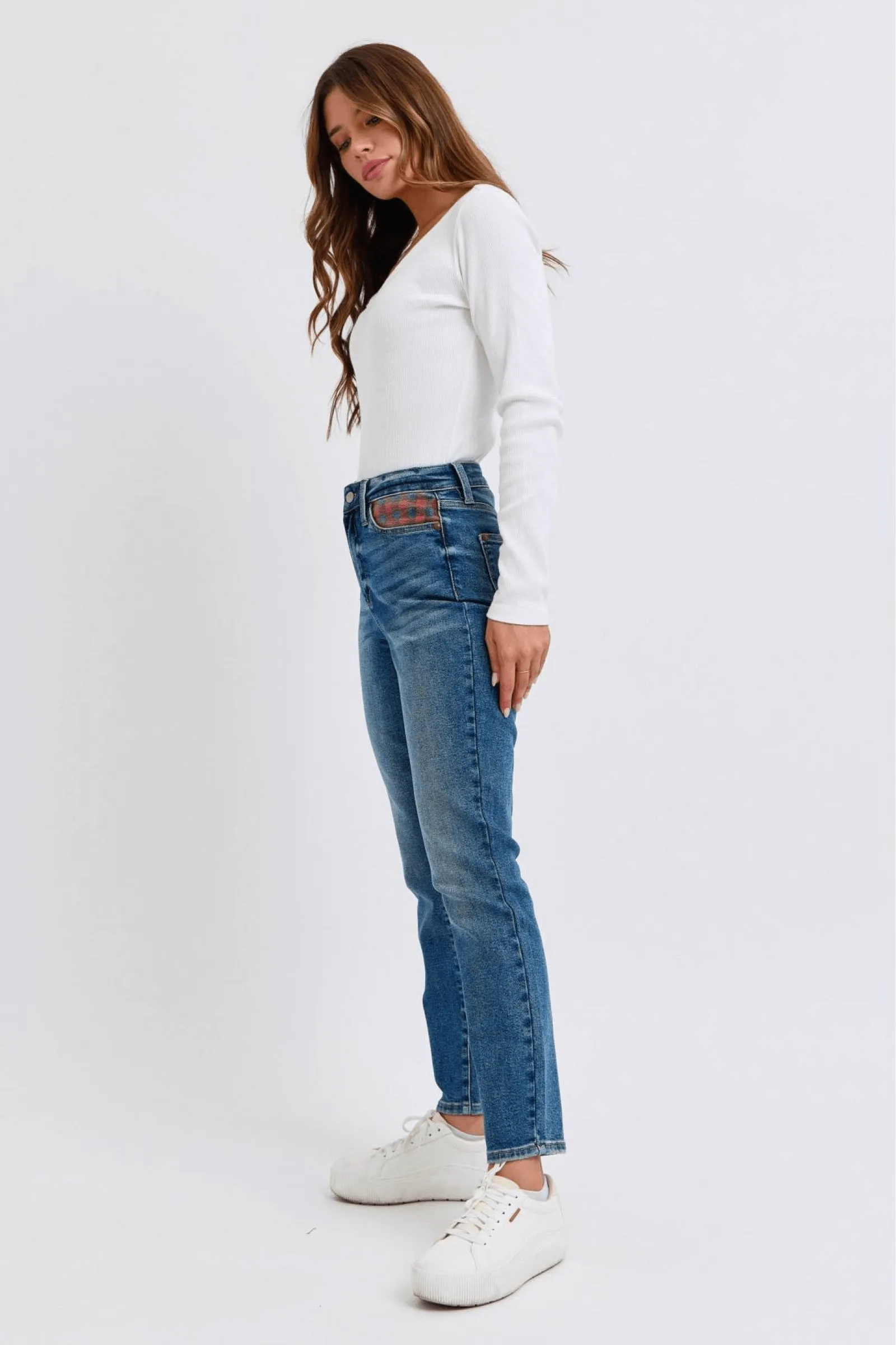 Judy Blue High Waist Plaid Patch Slim, straight leg 88868 | Sleek Denim Boutique