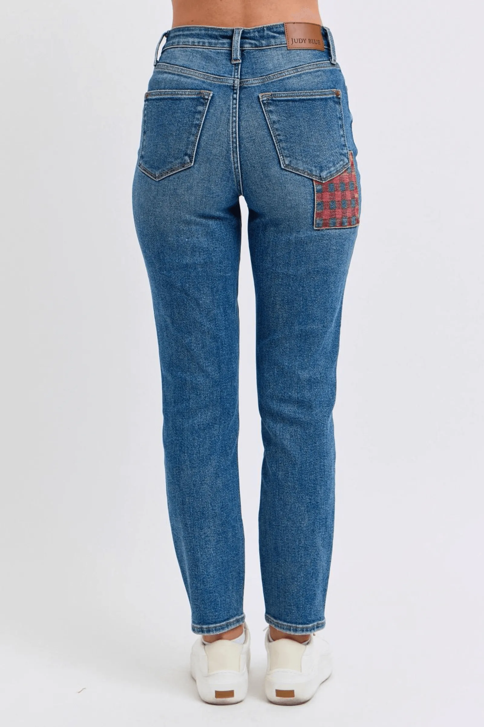 Judy Blue High Waist Plaid Patch Slim, straight leg 88868 | Sleek Denim Boutique