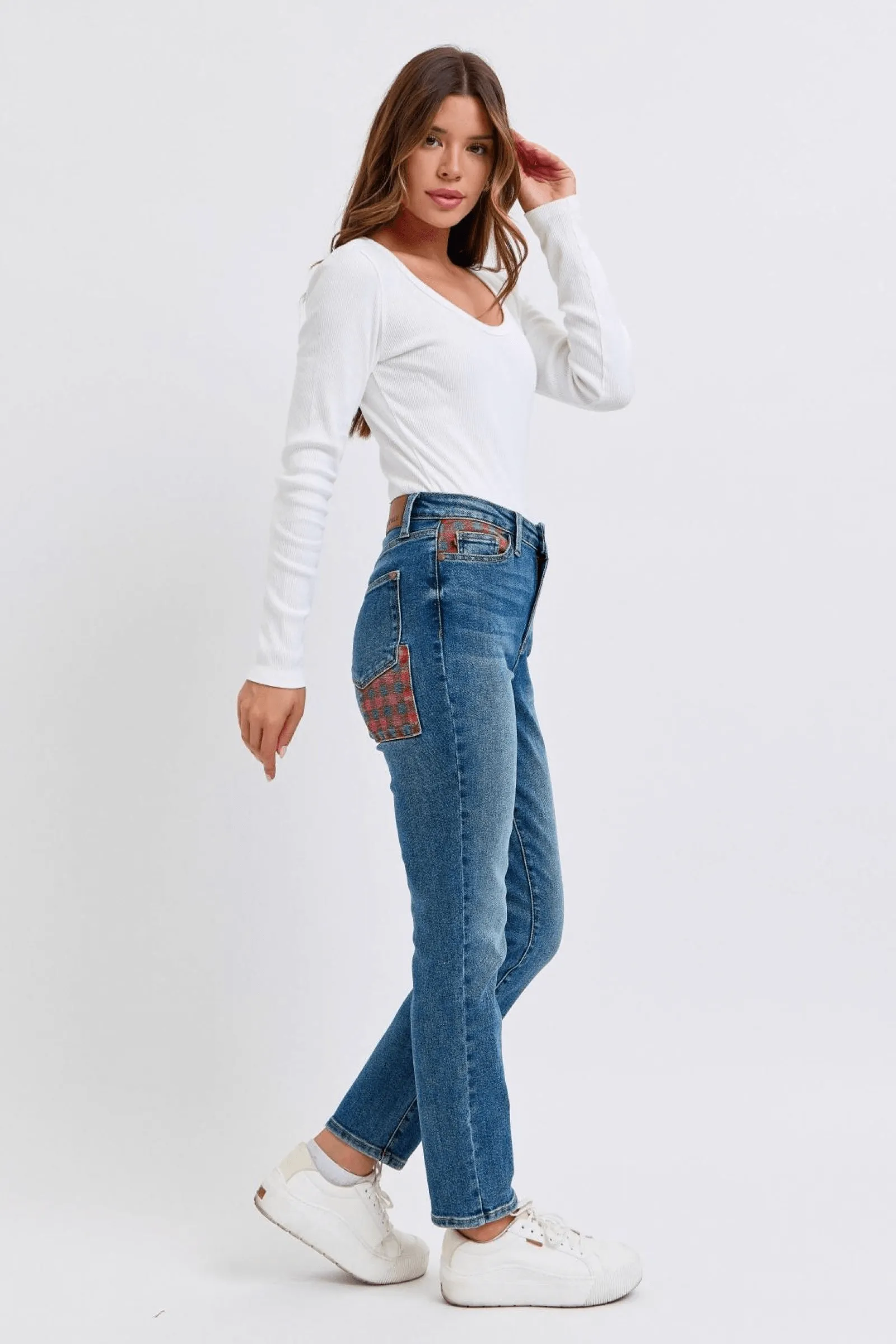 Judy Blue High Waist Plaid Patch Slim, straight leg 88868 | Sleek Denim Boutique