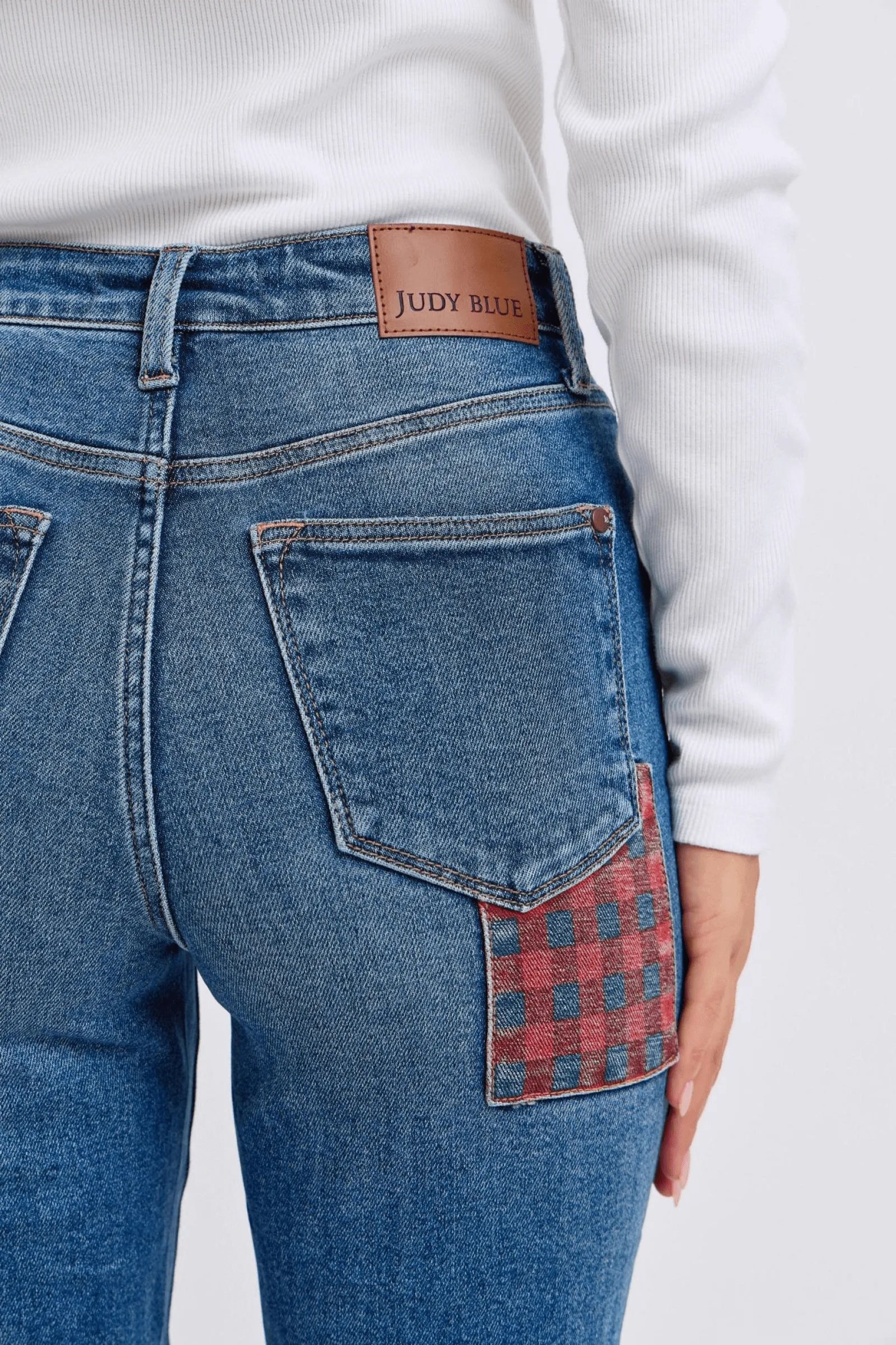 Judy Blue High Waist Plaid Patch Slim, straight leg 88868 | Sleek Denim Boutique