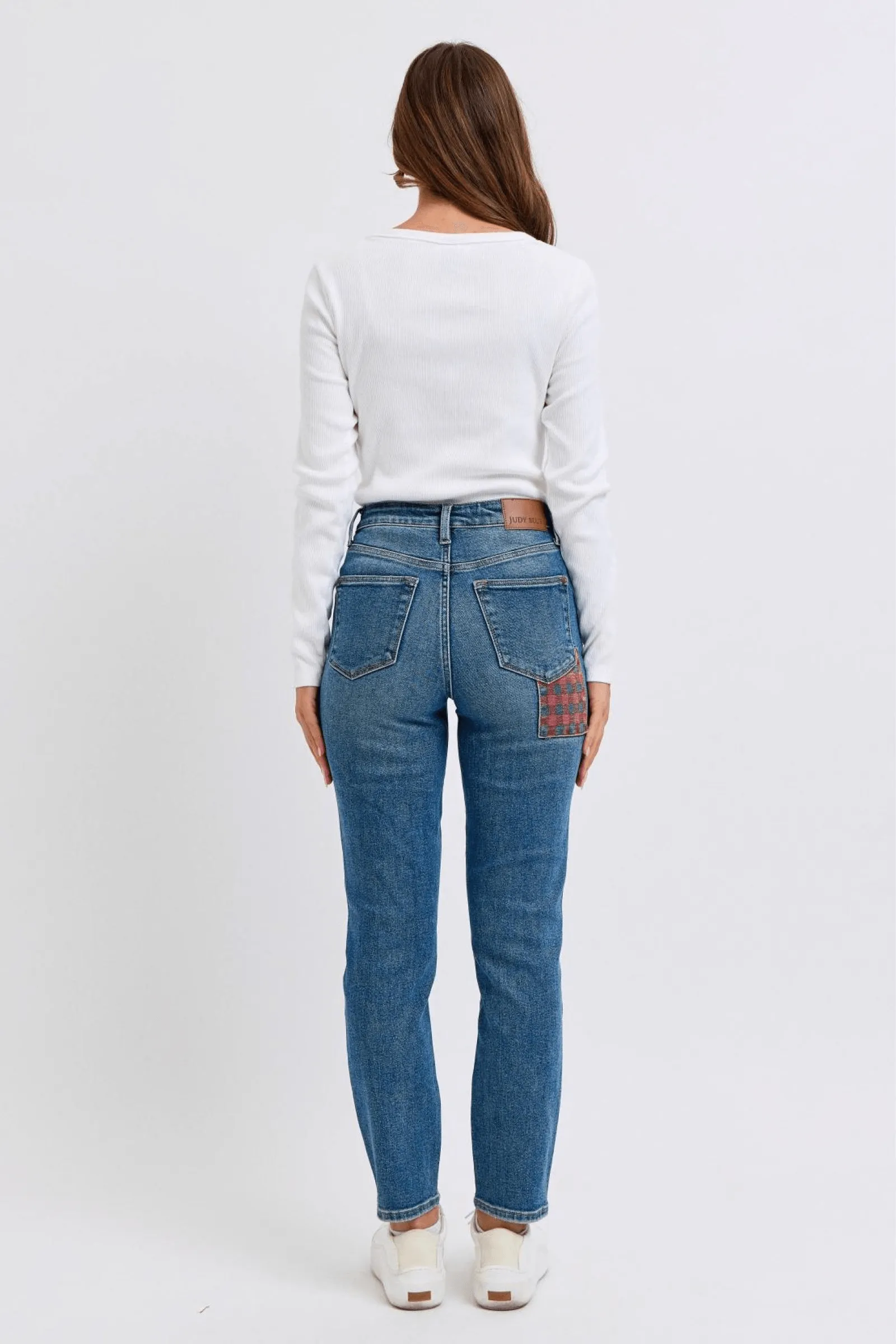 Judy Blue High Waist Plaid Patch Slim, straight leg 88868 | Sleek Denim Boutique