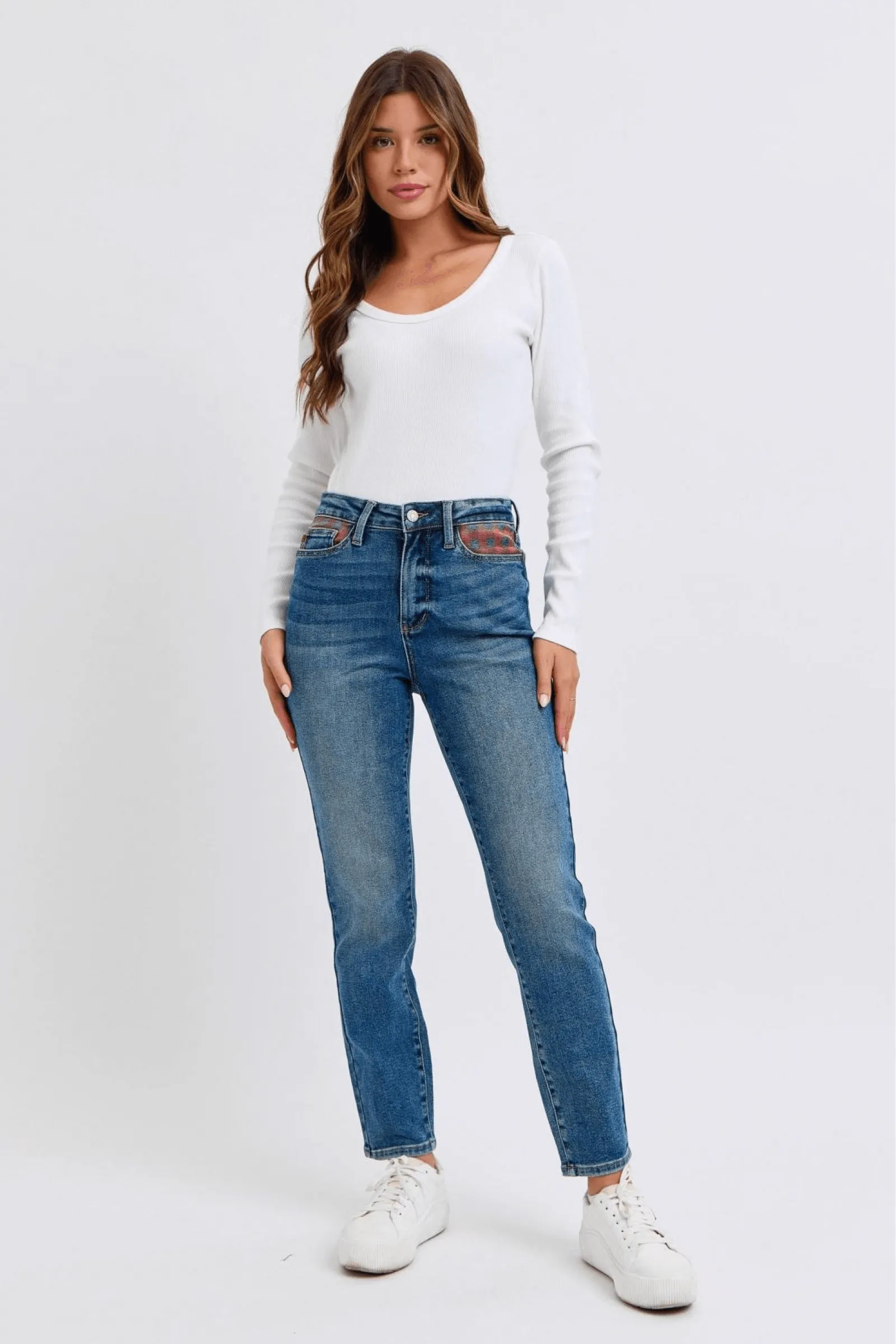 Judy Blue High Waist Plaid Patch Slim, straight leg 88868 | Sleek Denim Boutique