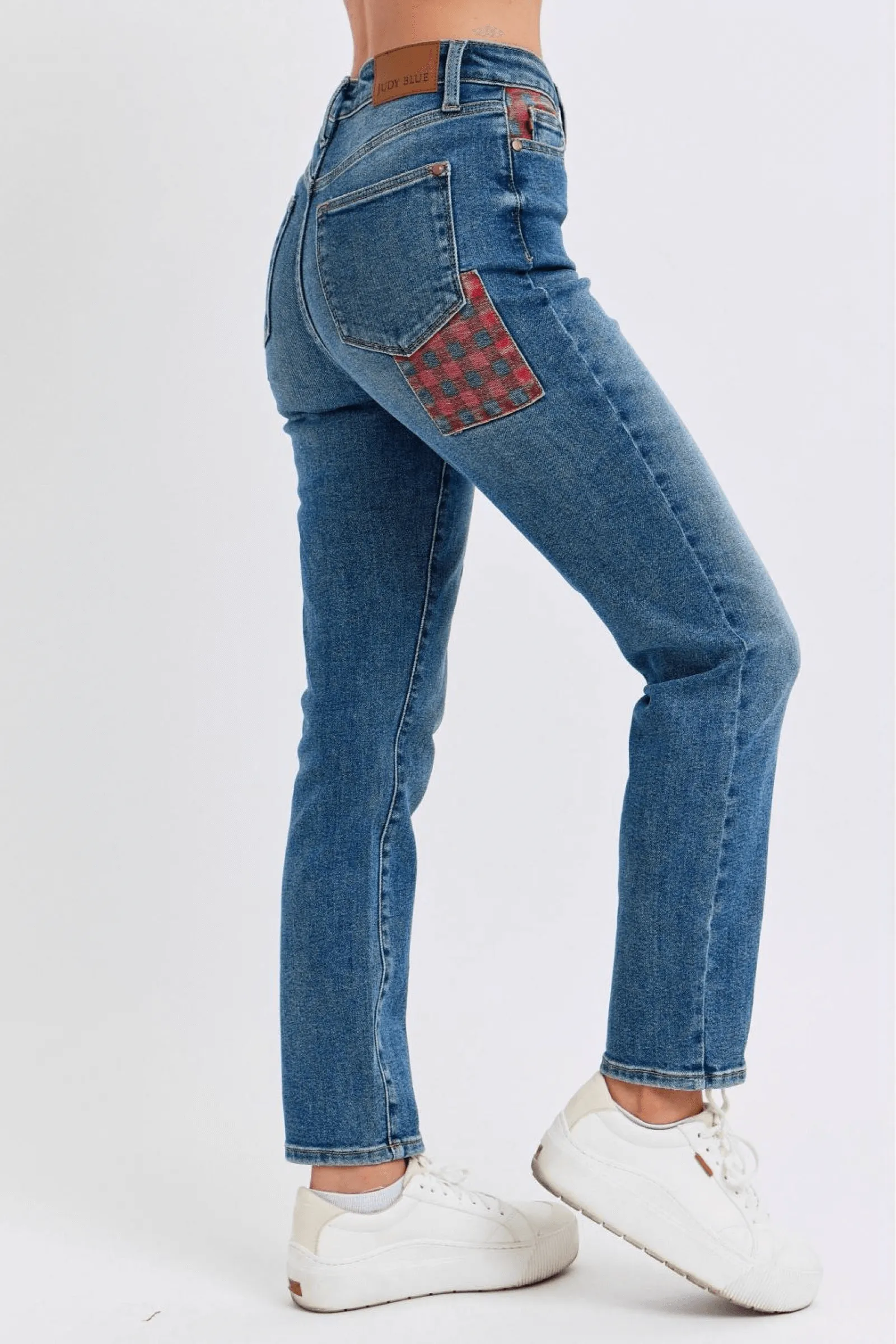 Judy Blue High Waist Plaid Patch Slim, straight leg 88868 | Sleek Denim Boutique