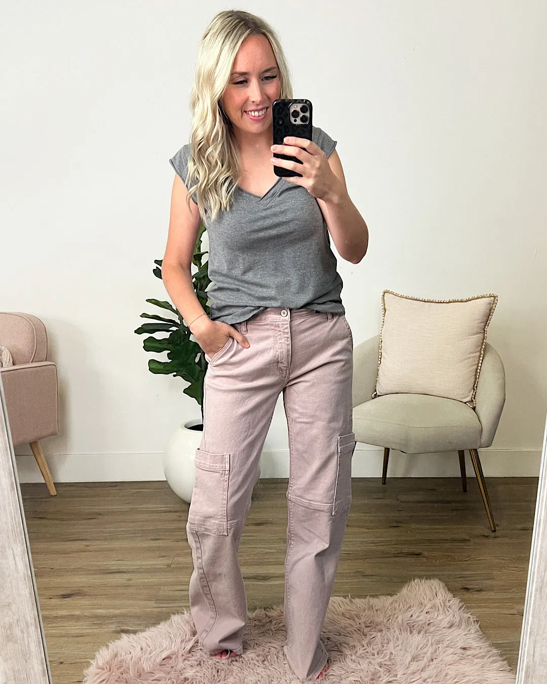 KanCan Natasha Wide Leg Cargo Jeans - Pink