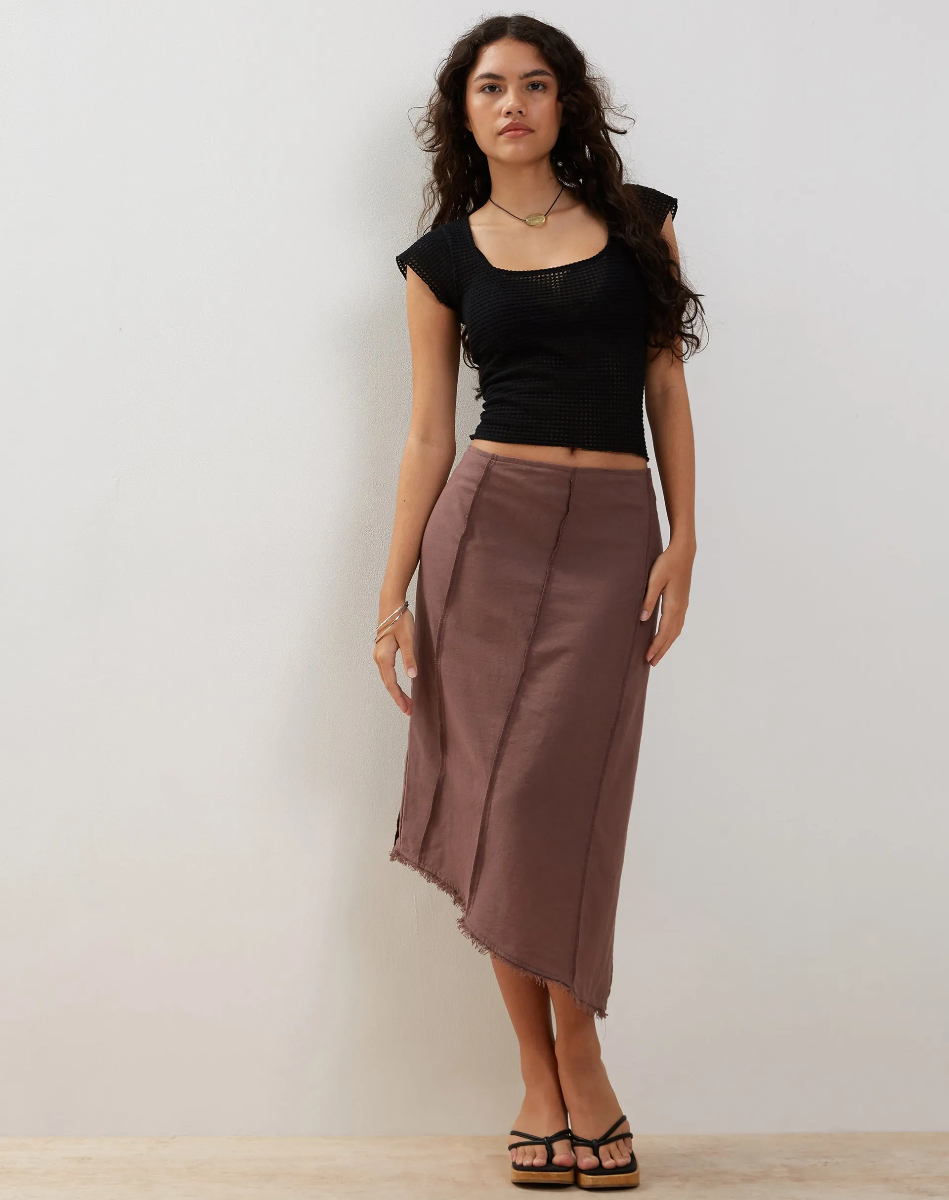 Karlesa Asymmetric Midi Skirt in Deep Taupe