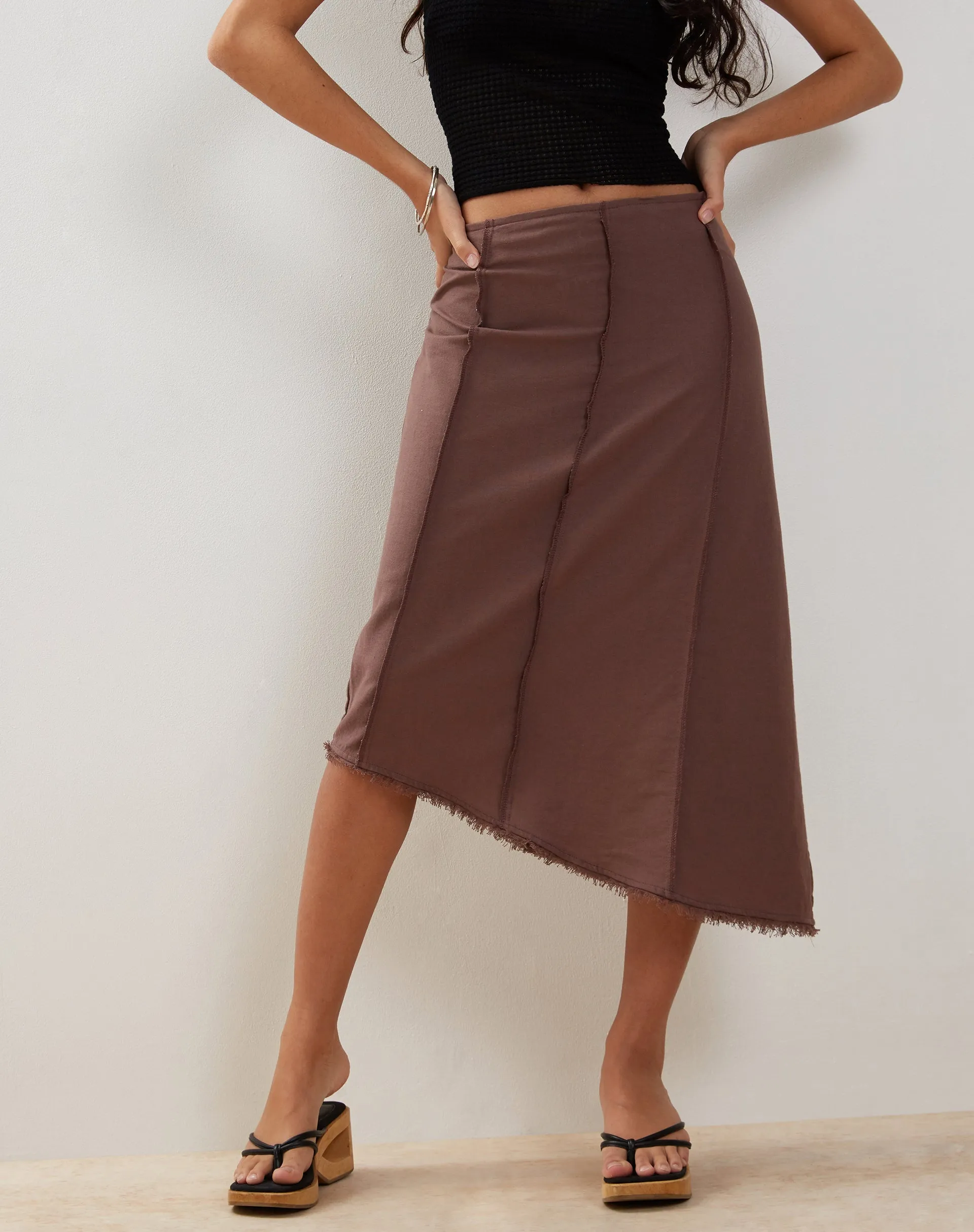 Karlesa Asymmetric Midi Skirt in Deep Taupe