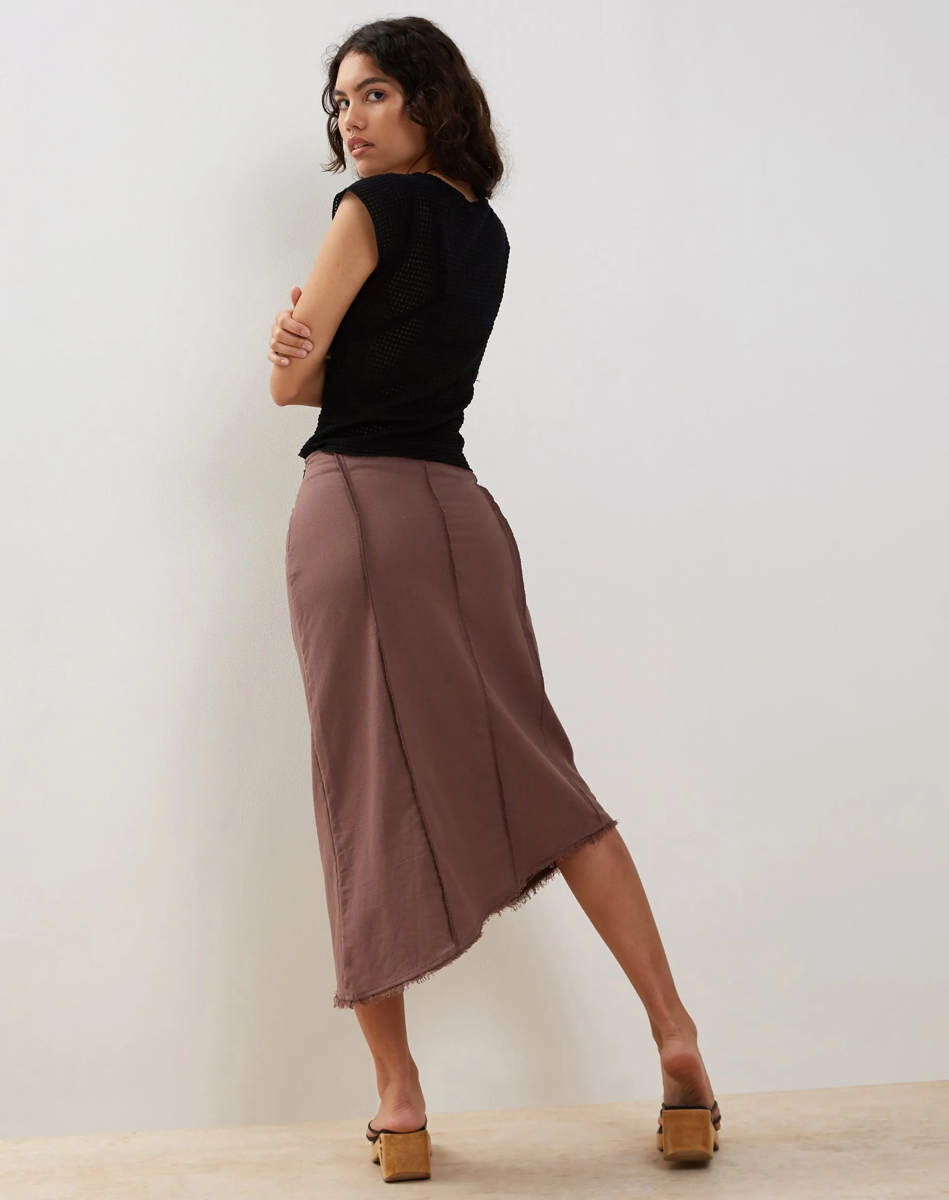 Karlesa Asymmetric Midi Skirt in Deep Taupe