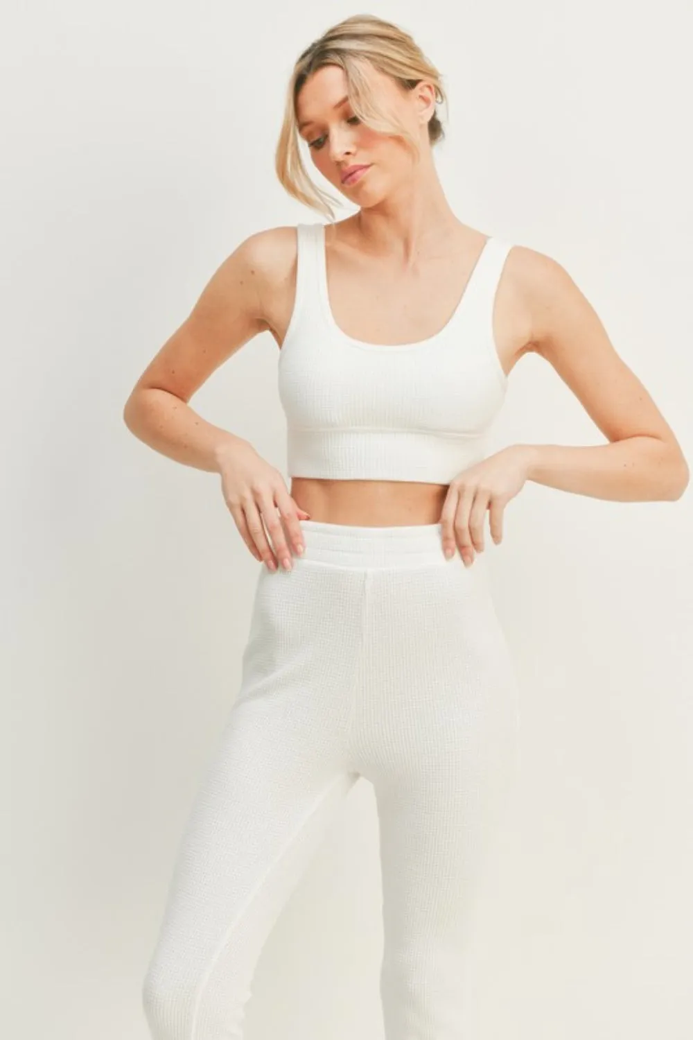 Kimberly C White Waffle Tank and High Waist Flare Pants Set