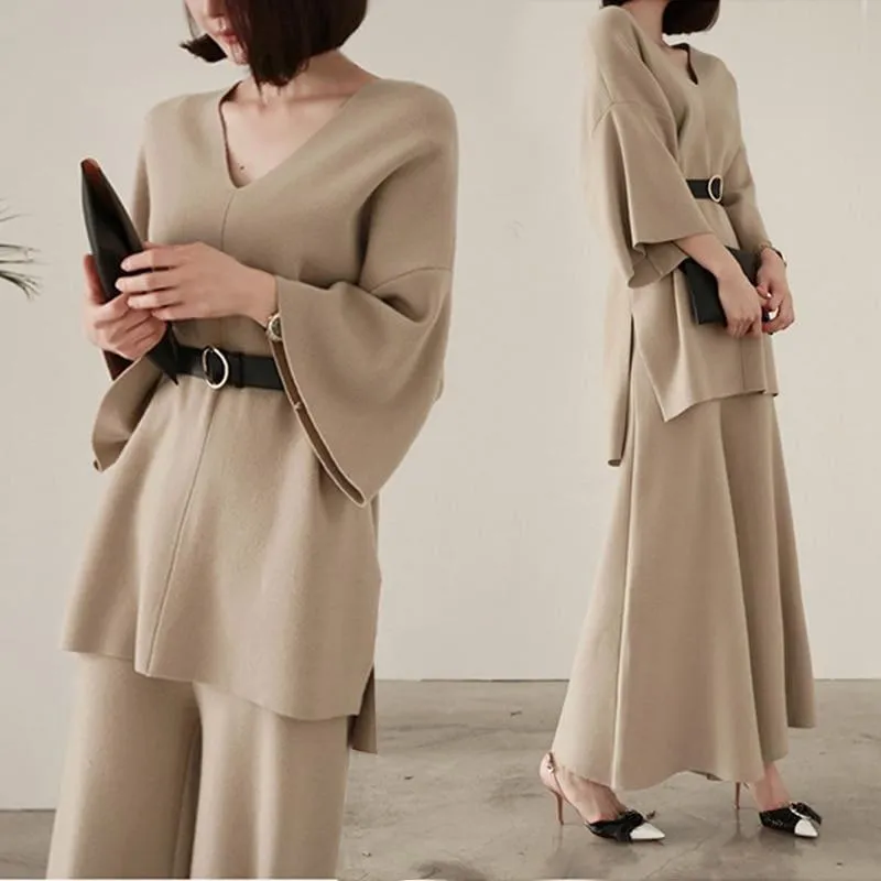 Knitting Sweater Pantsuit Two Piece Set Pullover High Waist Wide Leg Pants Suit