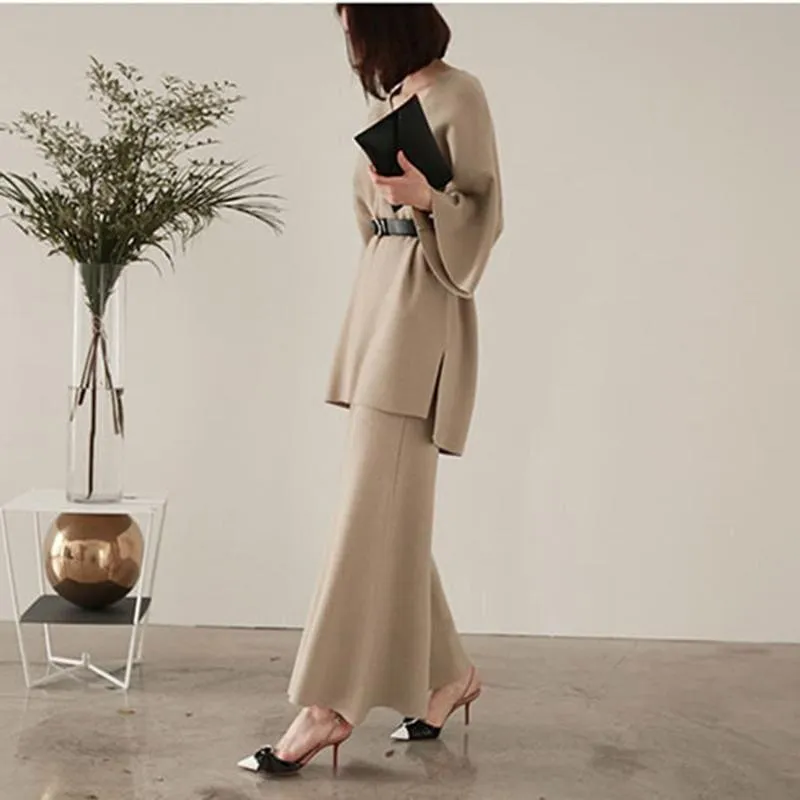 Knitting Sweater Pantsuit Two Piece Set Pullover High Waist Wide Leg Pants Suit