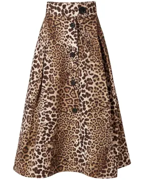 Leopard Print A-Line Button Front Midi Skirt