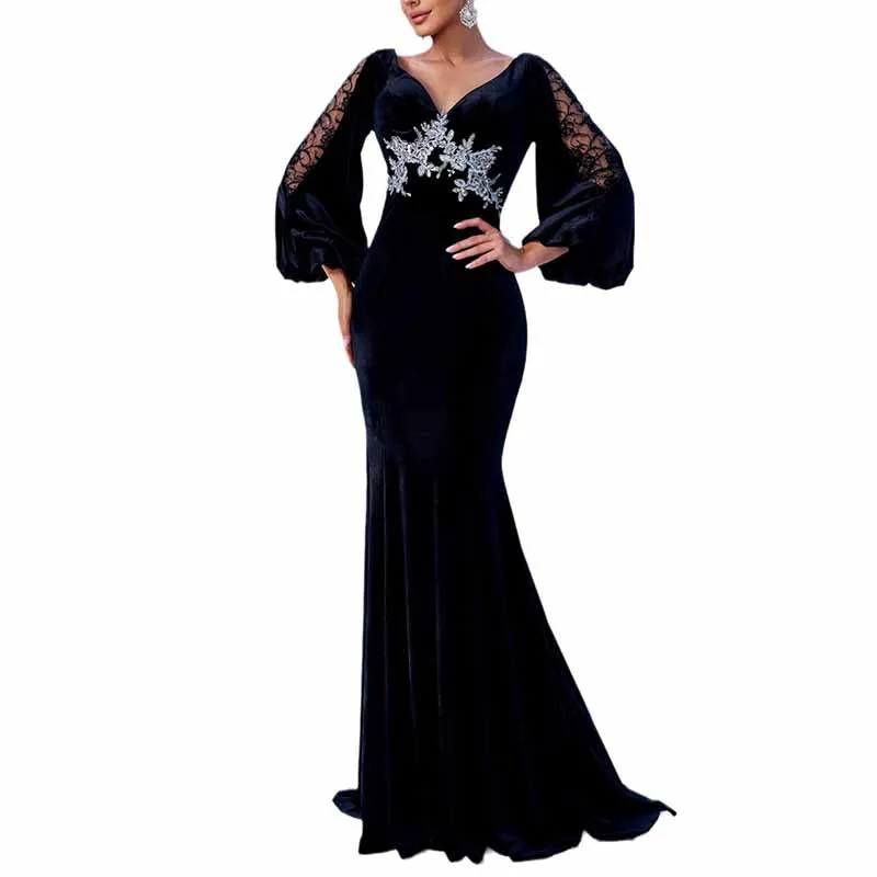 Long Sleeve Velvet Prom Dress Backless Long Evening Dress Ball Gown Event Dress