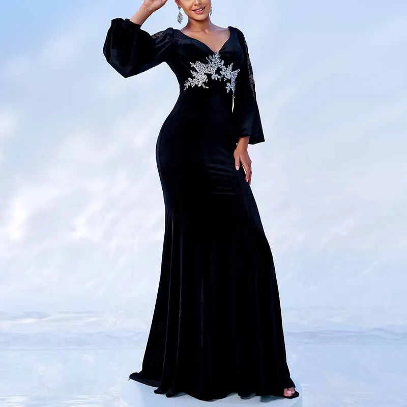 Long Sleeve Velvet Prom Dress Backless Long Evening Dress Ball Gown Event Dress