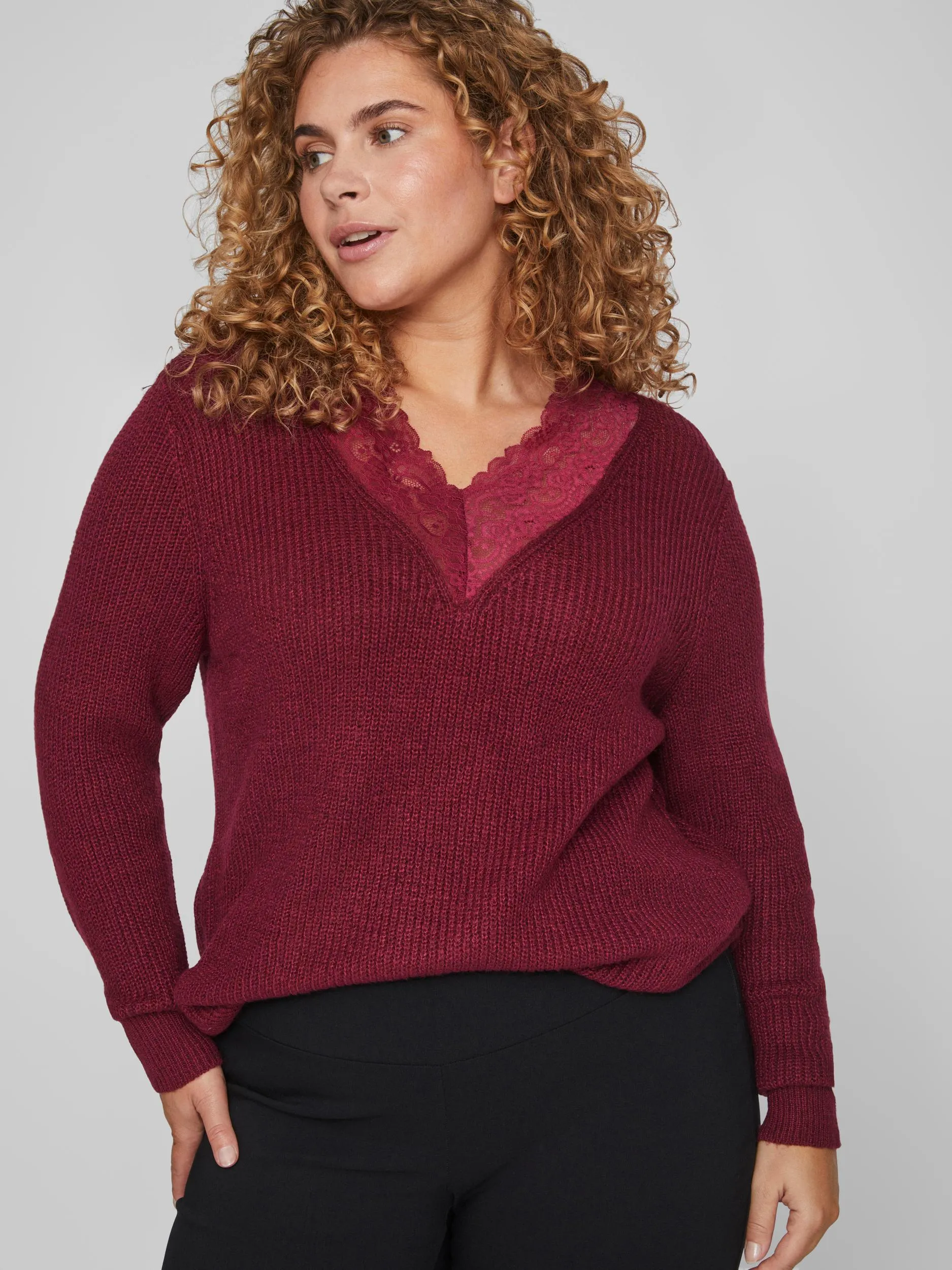 MANDY LACE NECK L/S KNIT JUMPER (BEET RED)