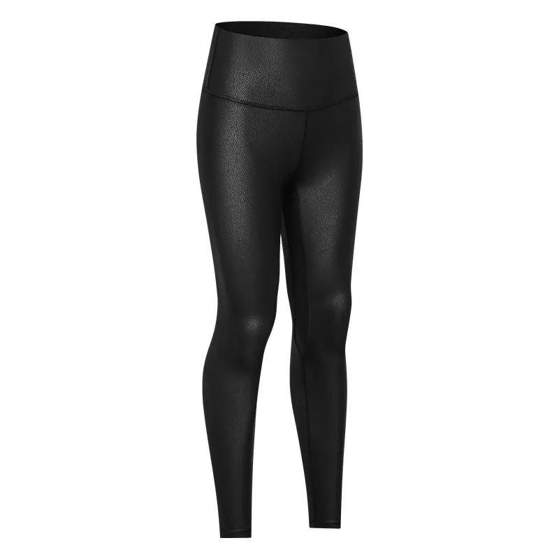 Matte Leather Pattern Yoga Pants Women's High Waist Belly Contracting