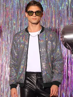 Men's Glitter Zip Up Silver Bomber Jacket