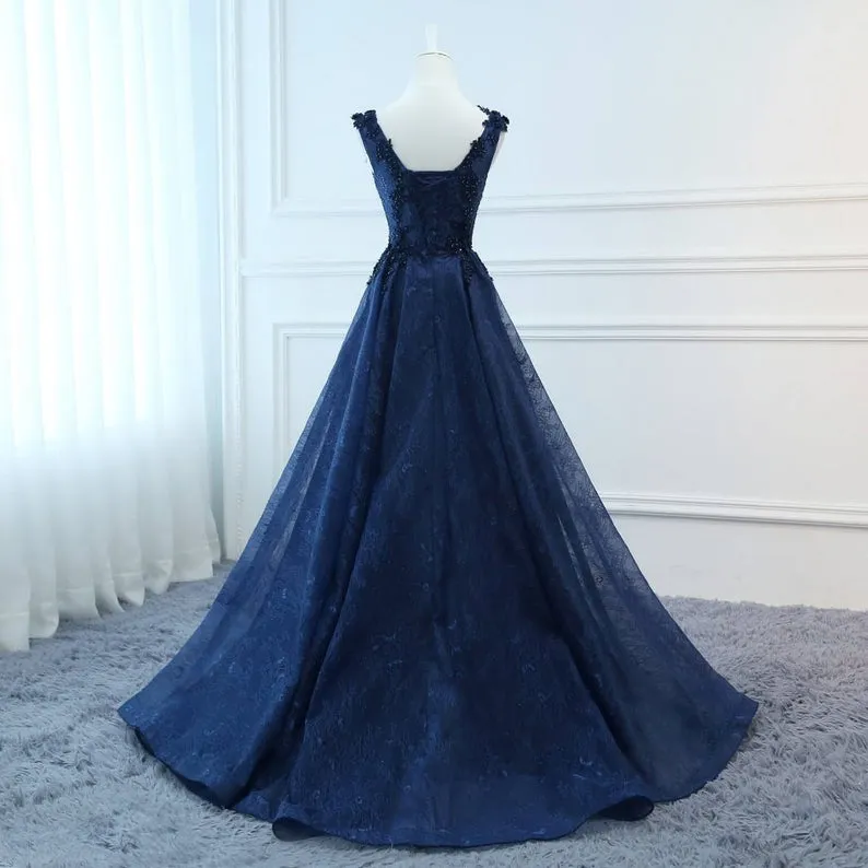 Navy Blue V-neckline Lace Long Party Dress with Flowers, Blue V-neckline Prom Dress