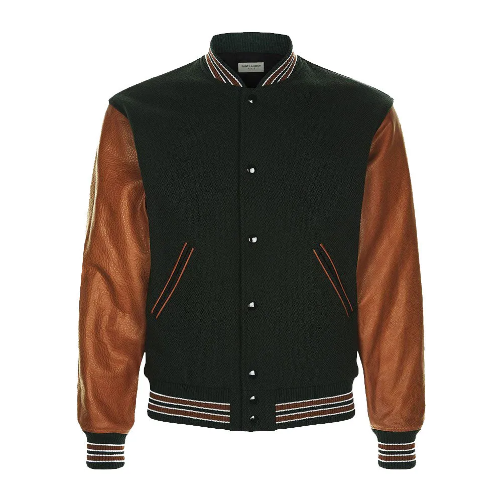 Navy Bomber Jackets With Leather Sleeve