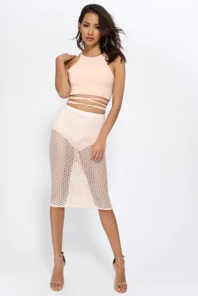 Nude High Waisted Fishnet Midi Skirt