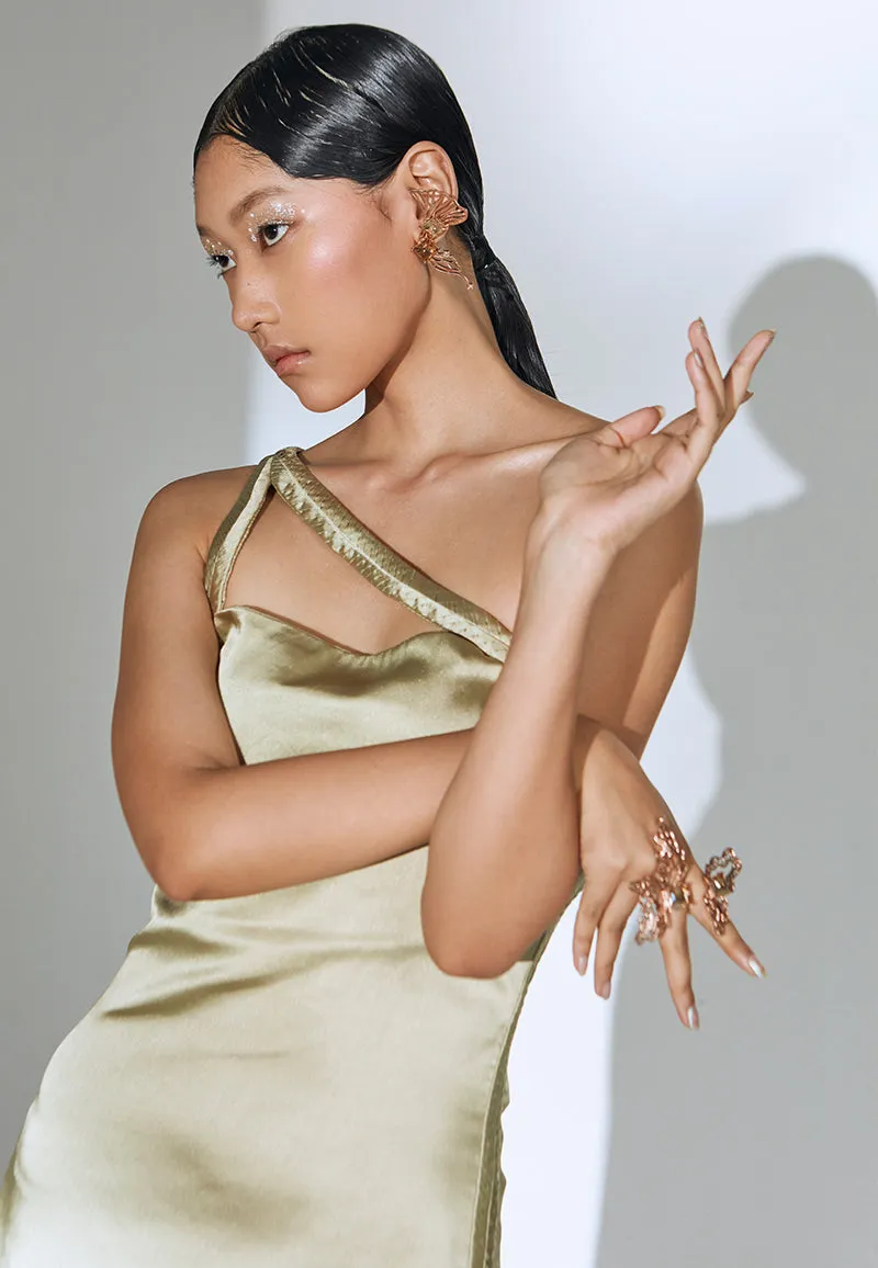Pleated Asymmetrical Slip Dress in Olive Green