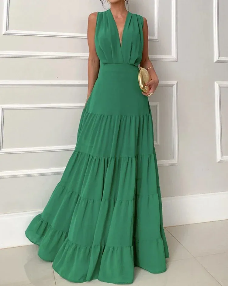 PLEATED SOLID COLOR V-NECK DRESS