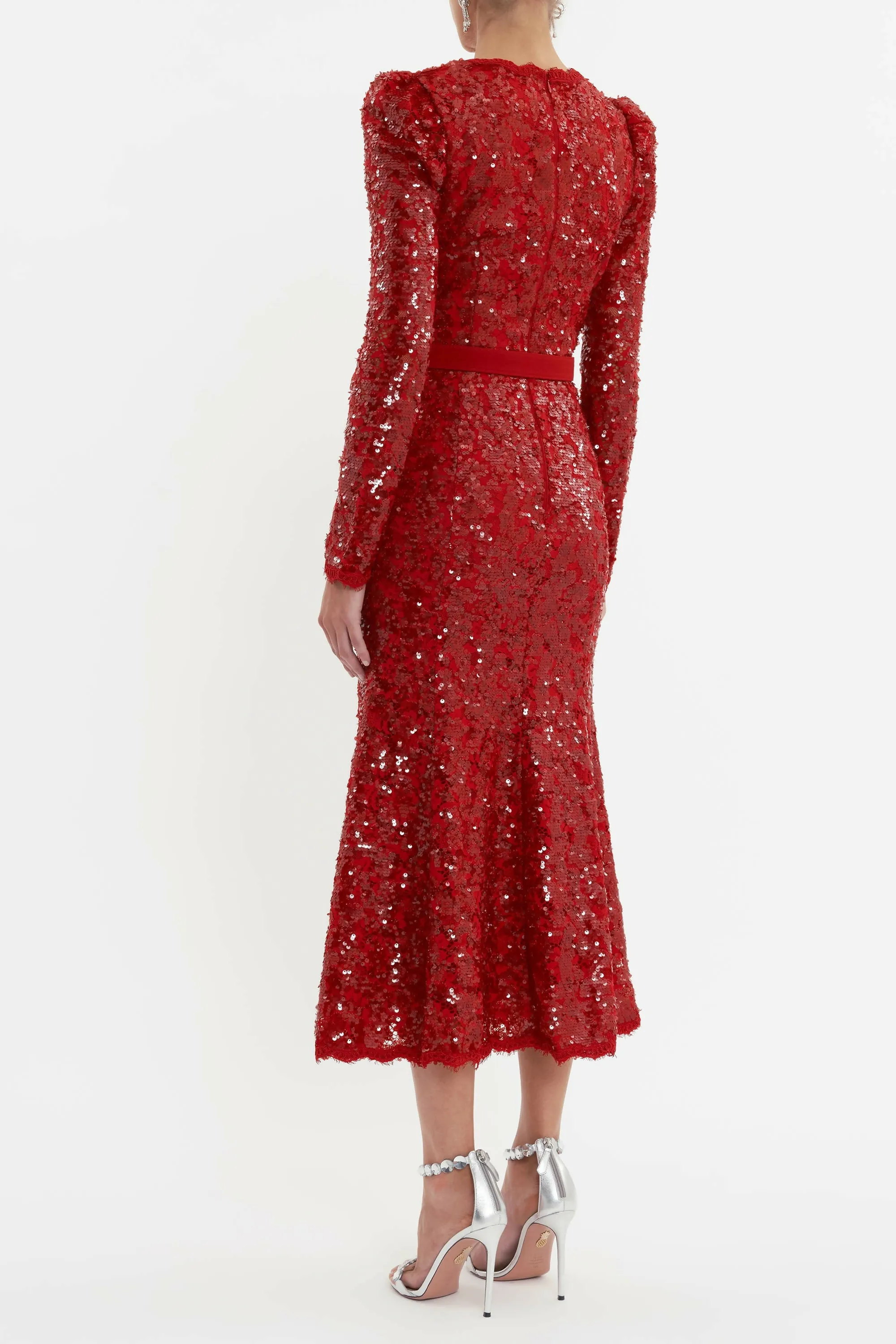 Rebecca Vallance X Nicky Hilton Leyla Long Sleeve Midi Dress Red Sequin