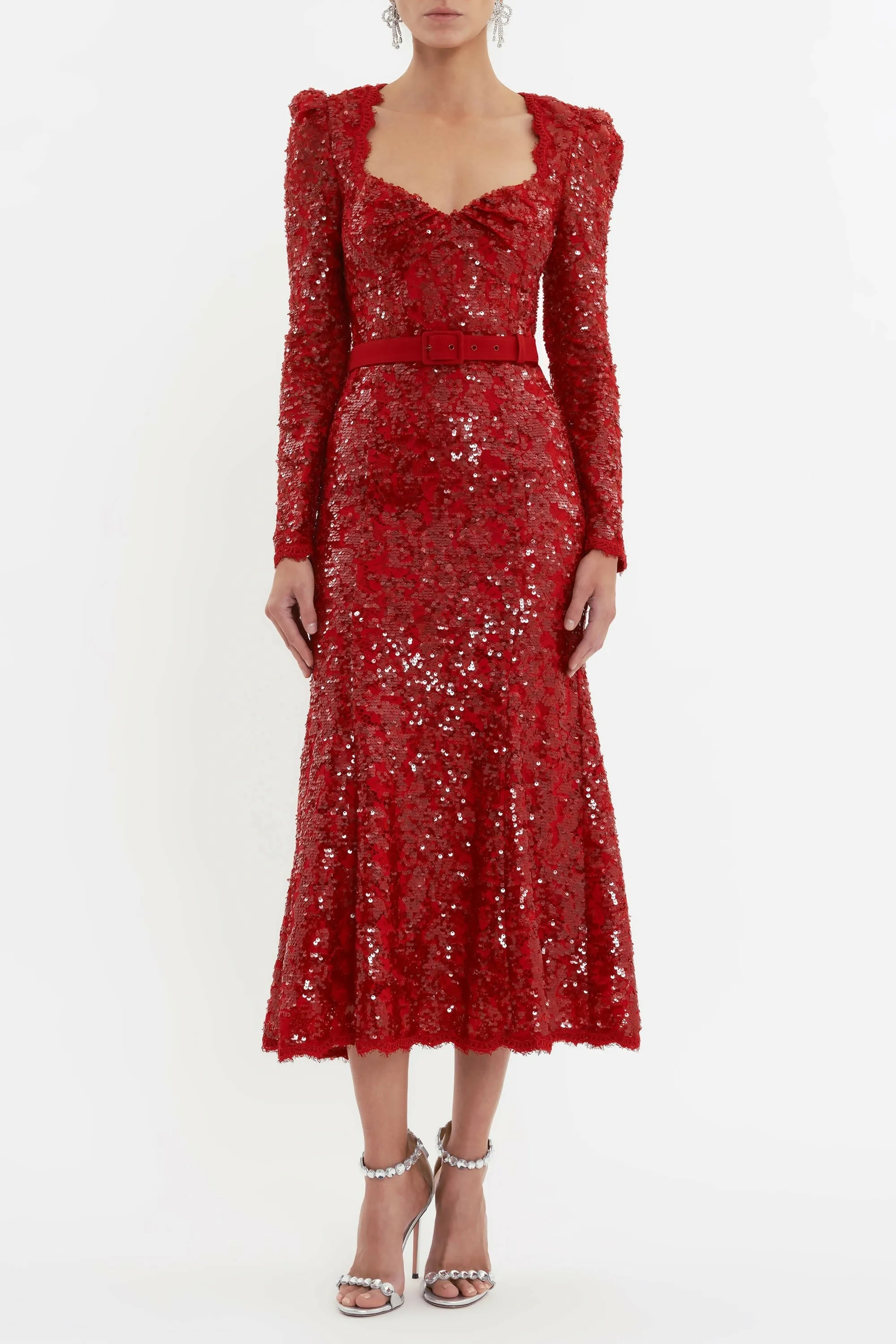 Rebecca Vallance X Nicky Hilton Leyla Long Sleeve Midi Dress Red Sequin