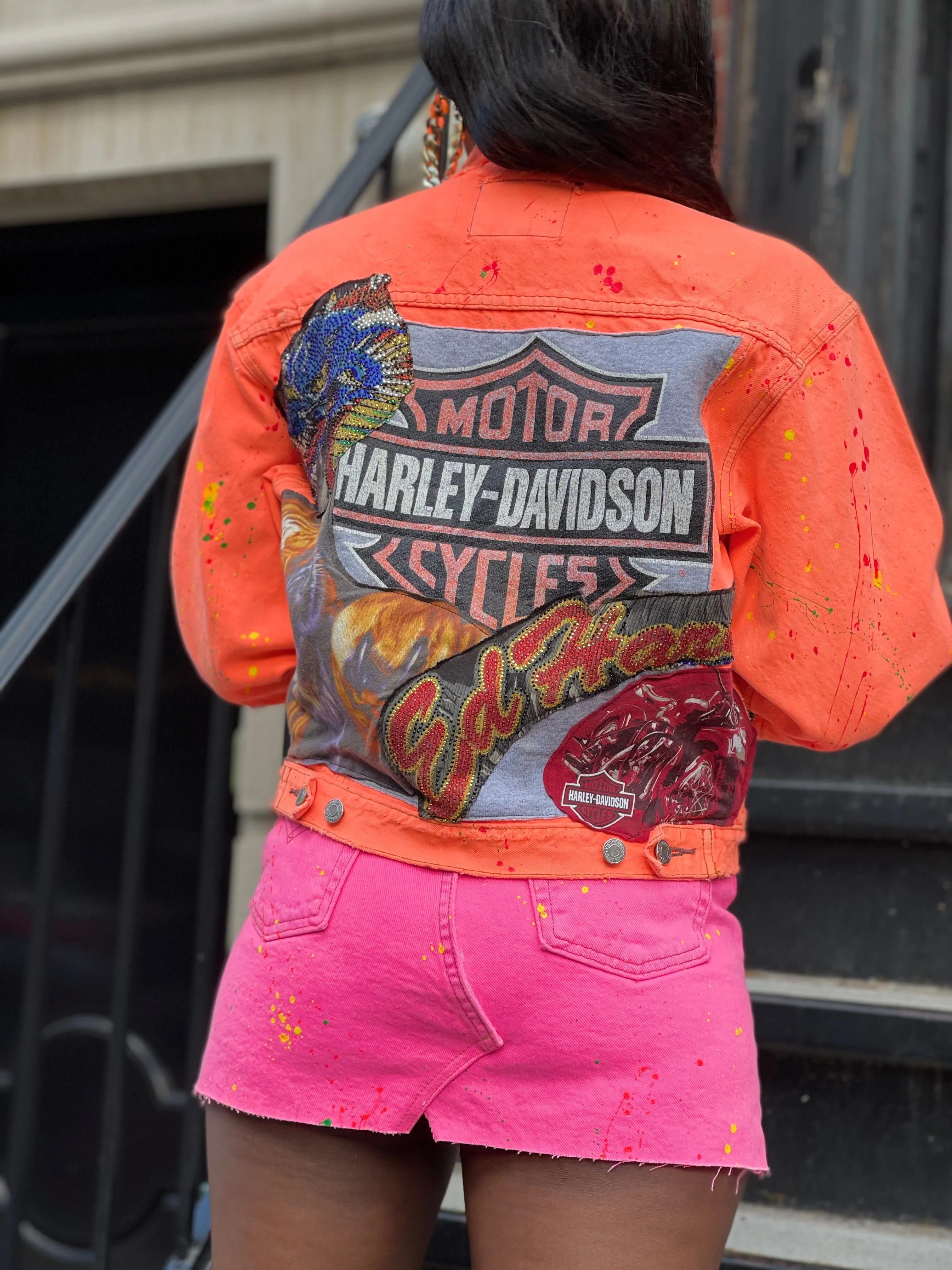 Reworked Patchwork Neon Orange Jean Jacket