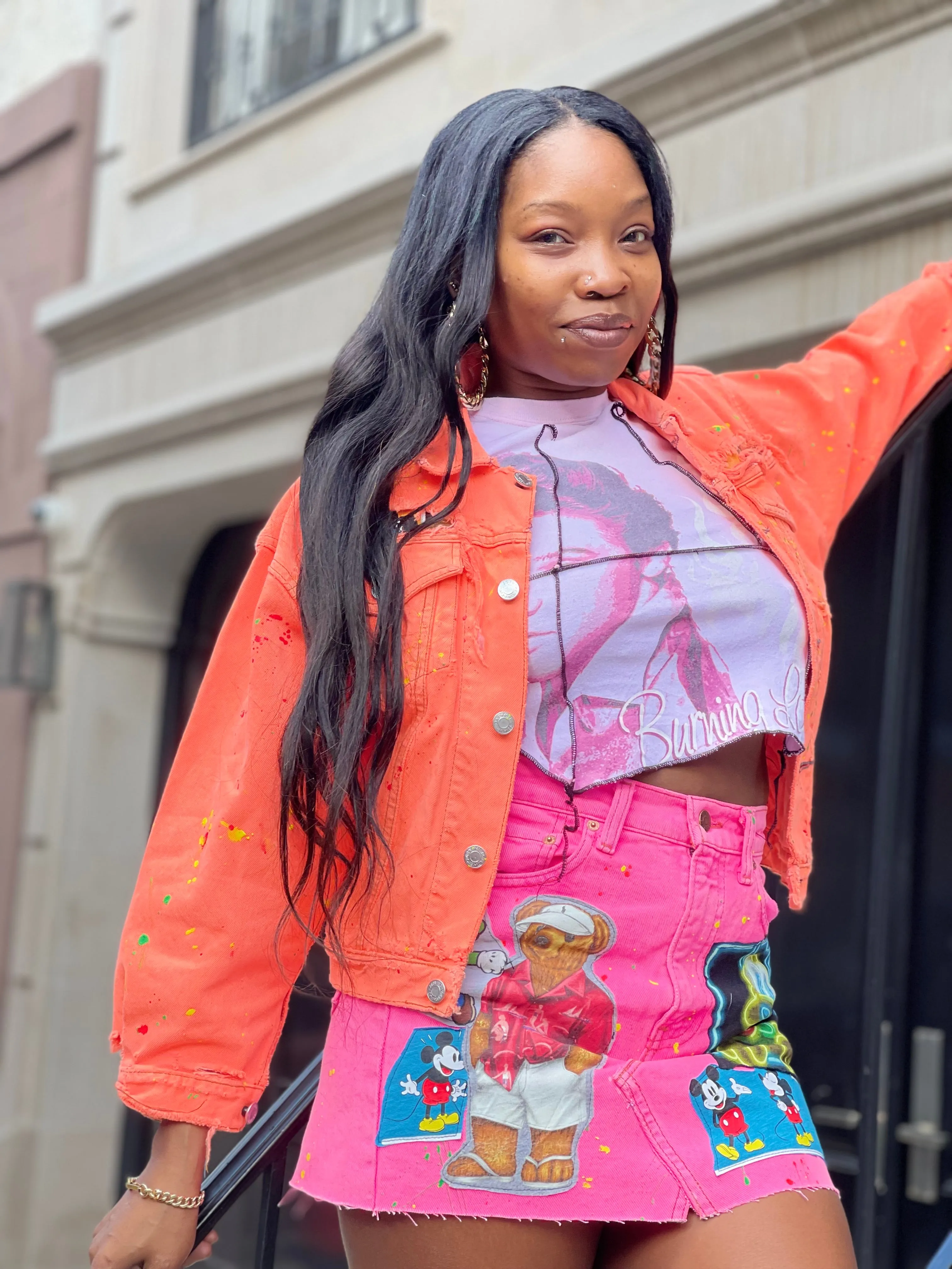 Reworked Patchwork Neon Orange Jean Jacket