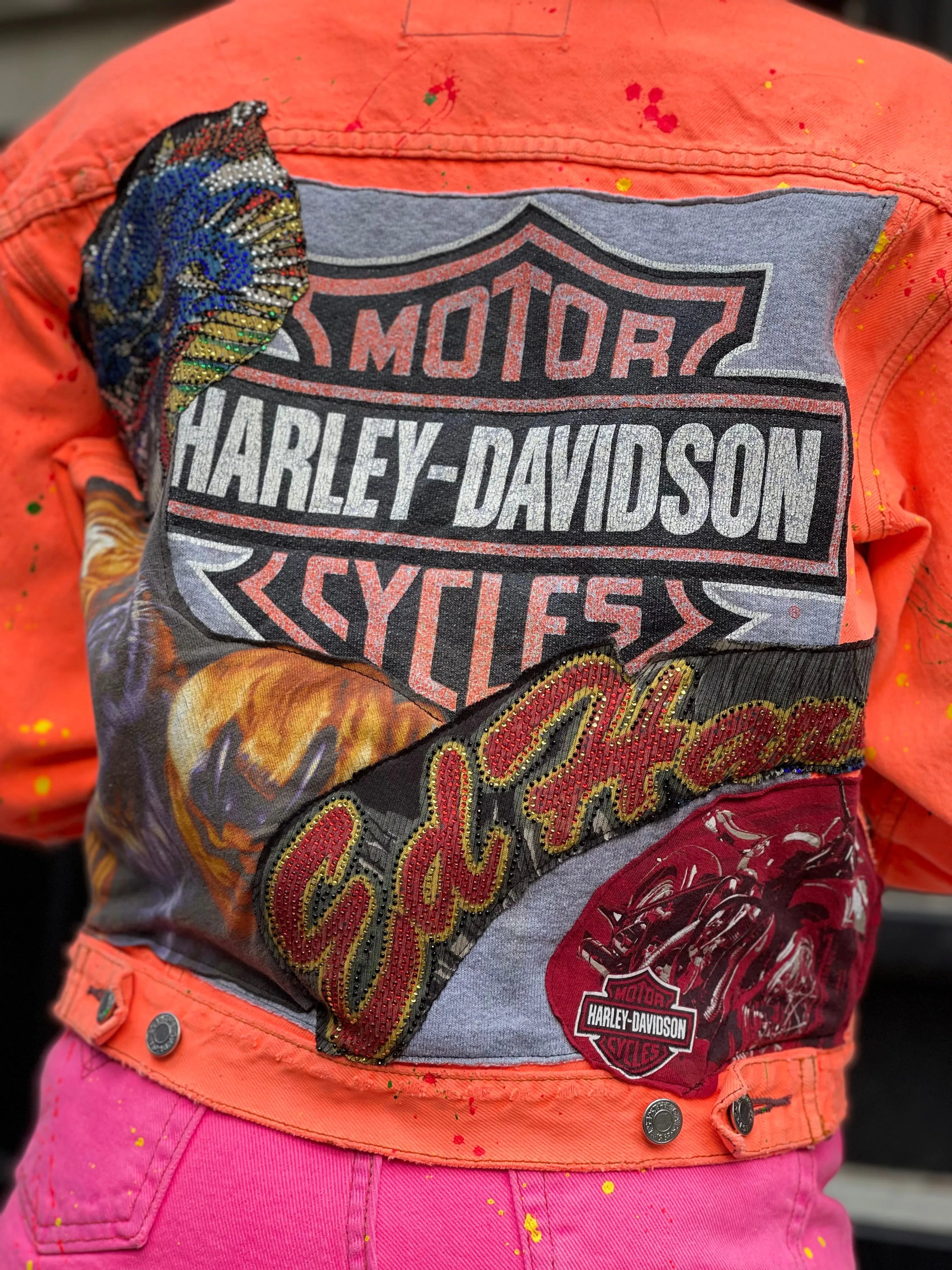 Reworked Patchwork Neon Orange Jean Jacket