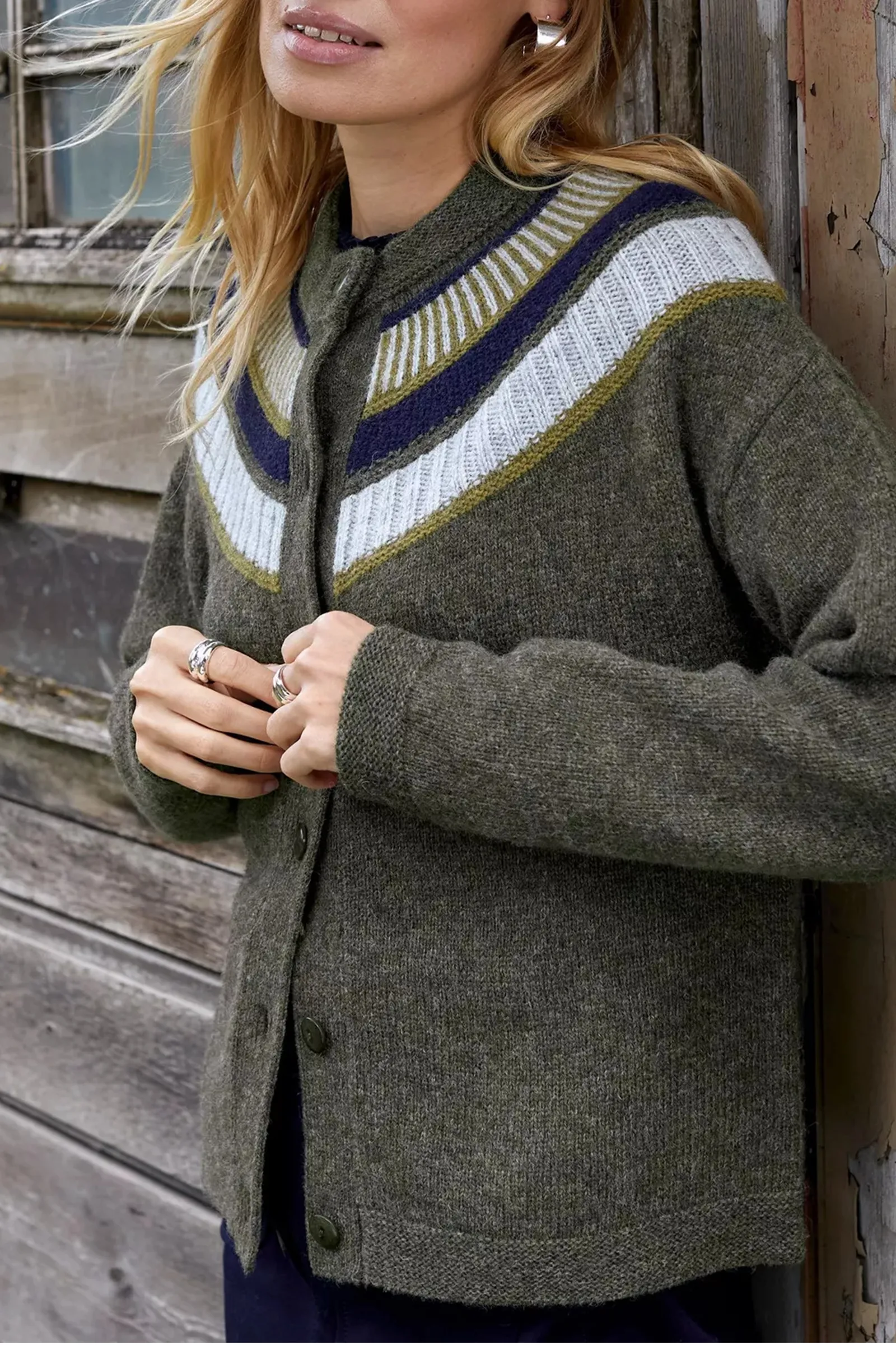 Shetland Yoke Pure Wool Cardigan, Olive