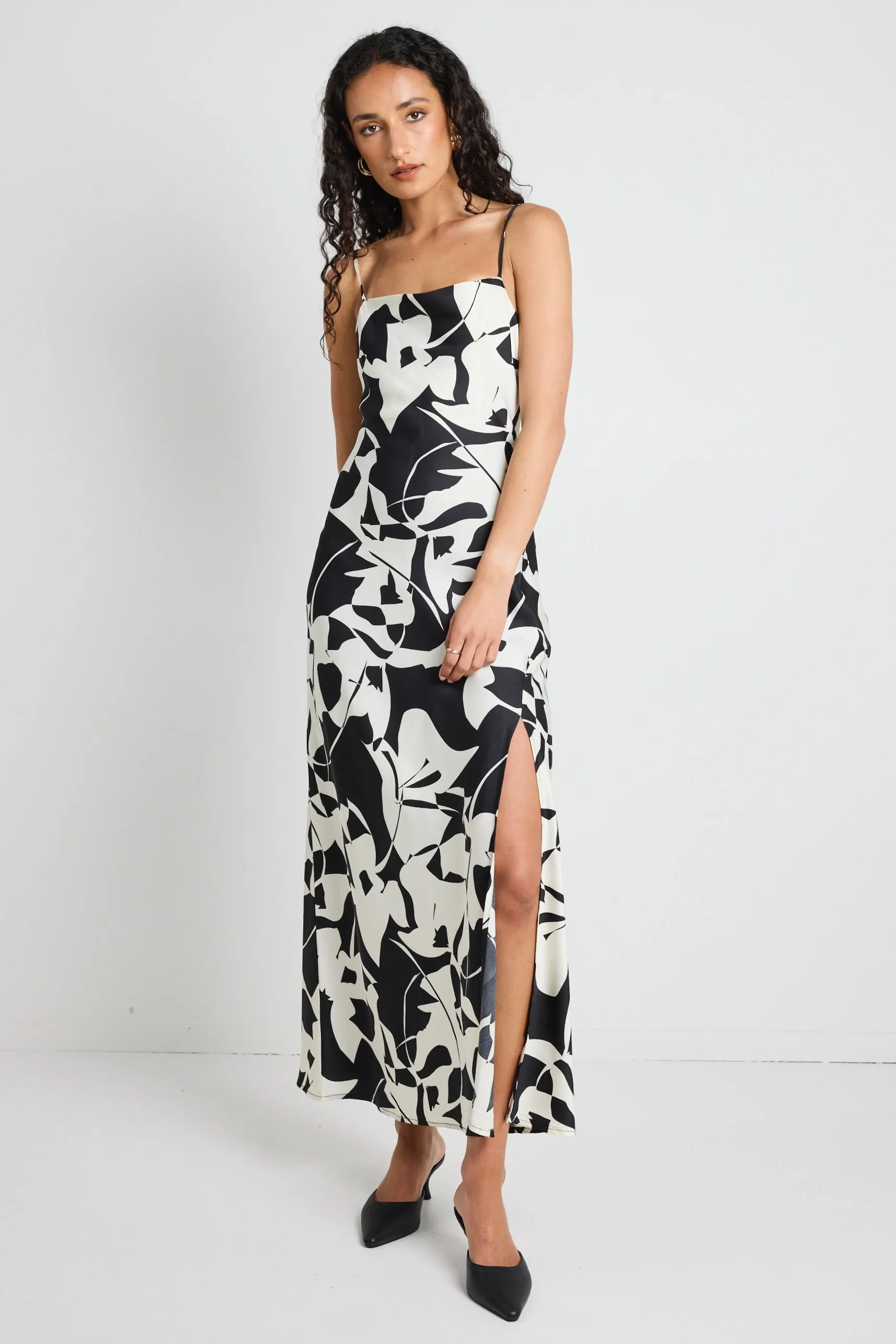 Showstopper Black White Satin Strappy Bias Slip Dress