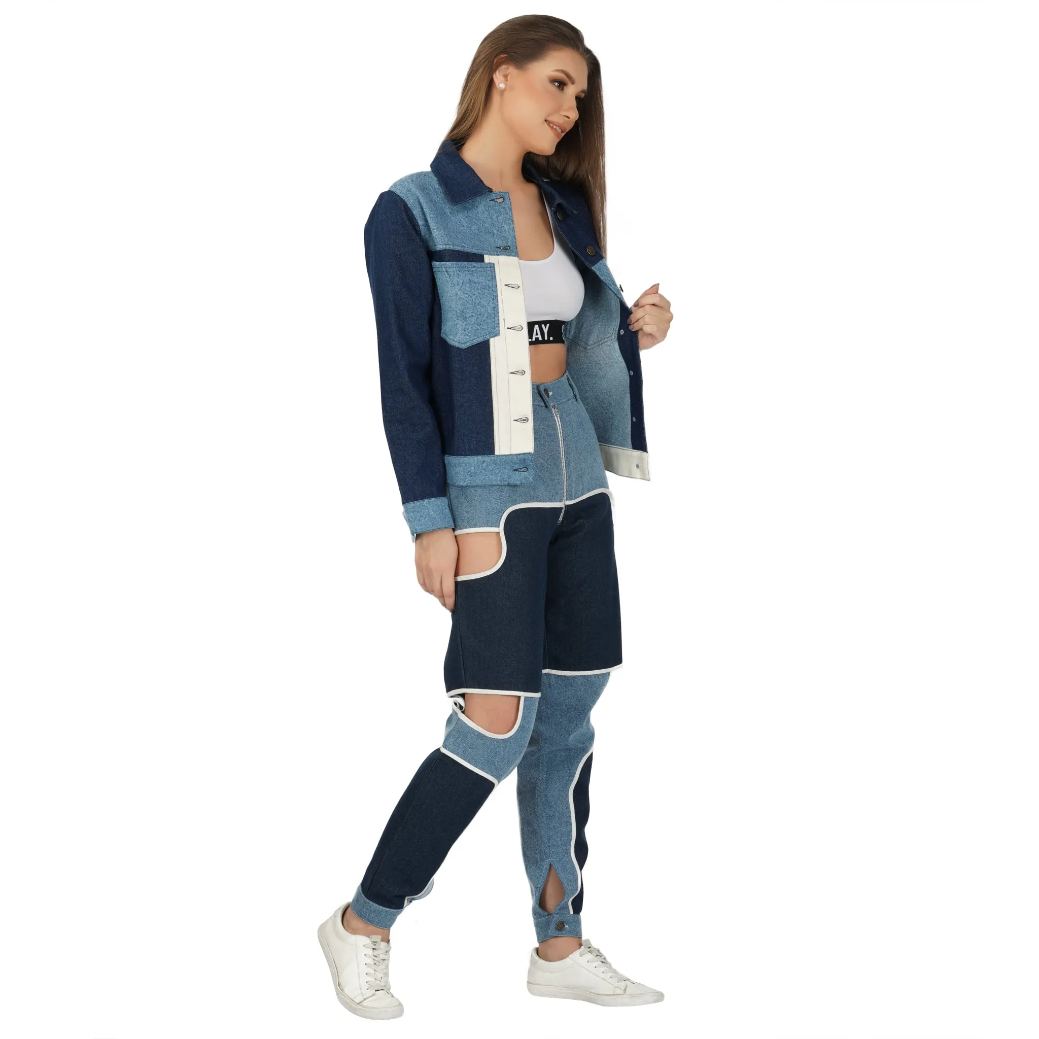 SLAY. Women's Side Cutout Blue & White Colorblock Denim Jeans