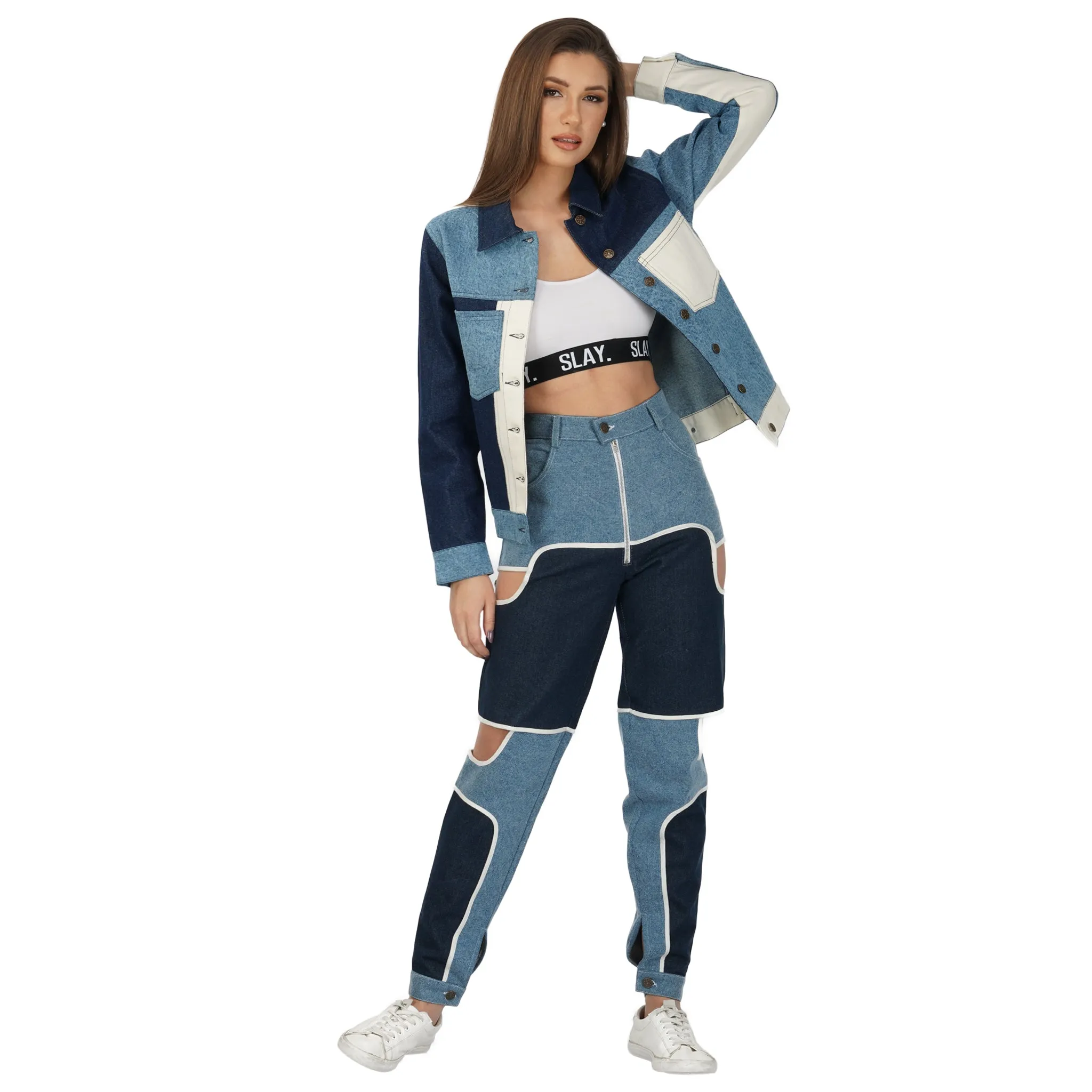 SLAY. Women's Side Cutout Blue & White Colorblock Denim Jeans