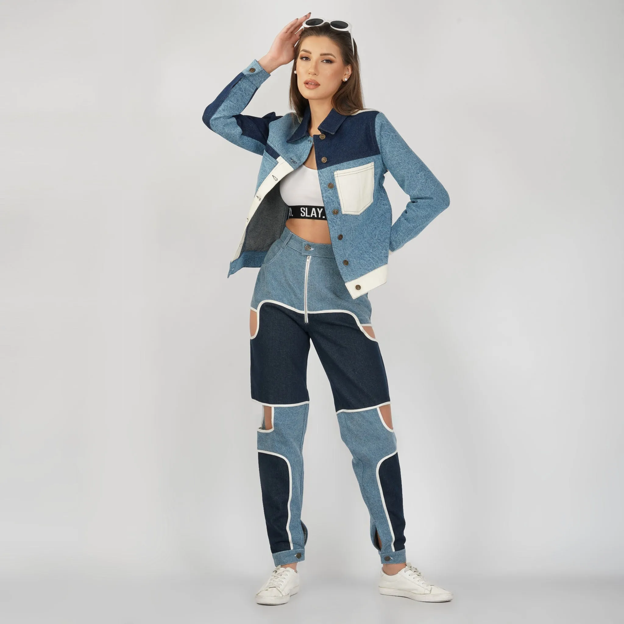 SLAY. Women's Side Cutout Blue & White Colorblock Denim Jeans