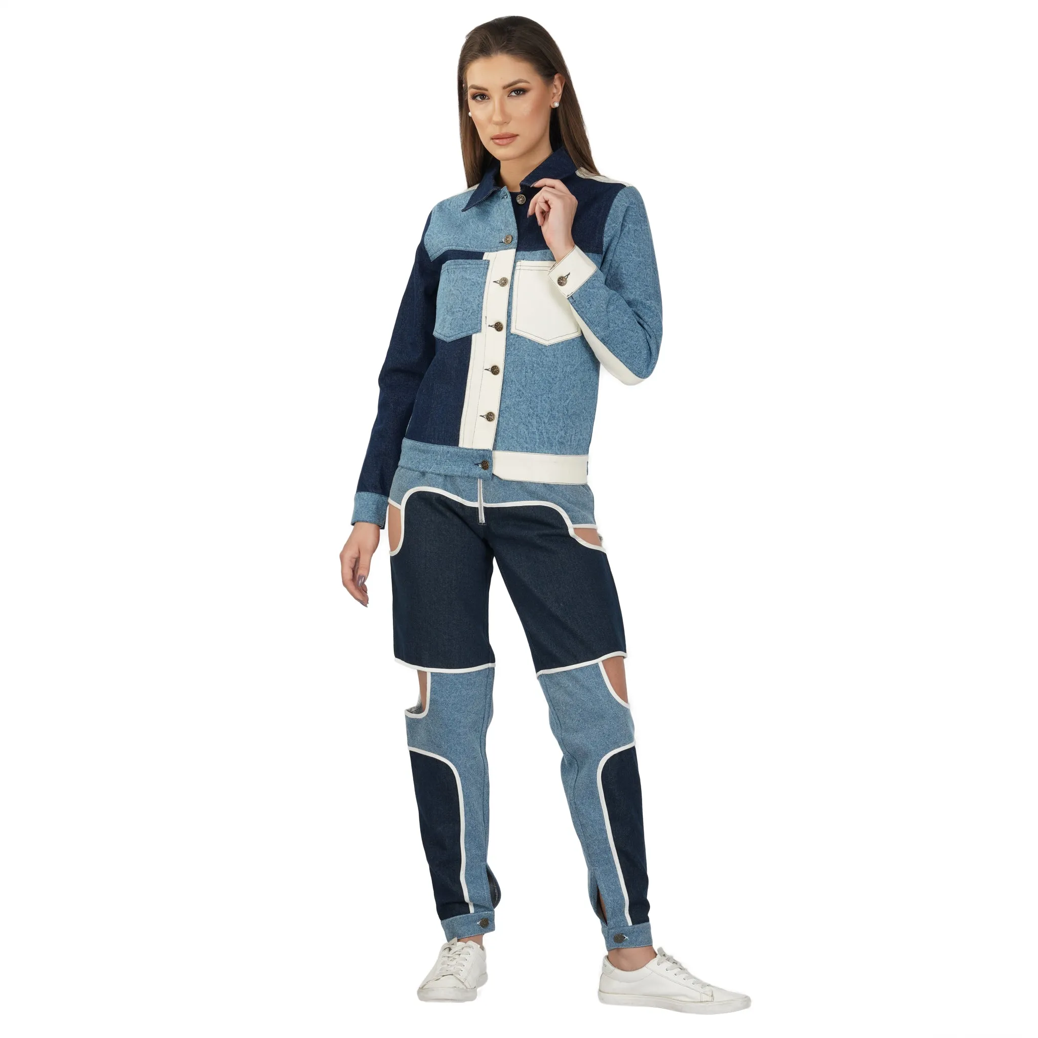 SLAY. Women's Side Cutout Blue & White Colorblock Denim Jeans