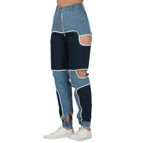 SLAY. Women's Side Cutout Blue & White Colorblock Denim Jeans