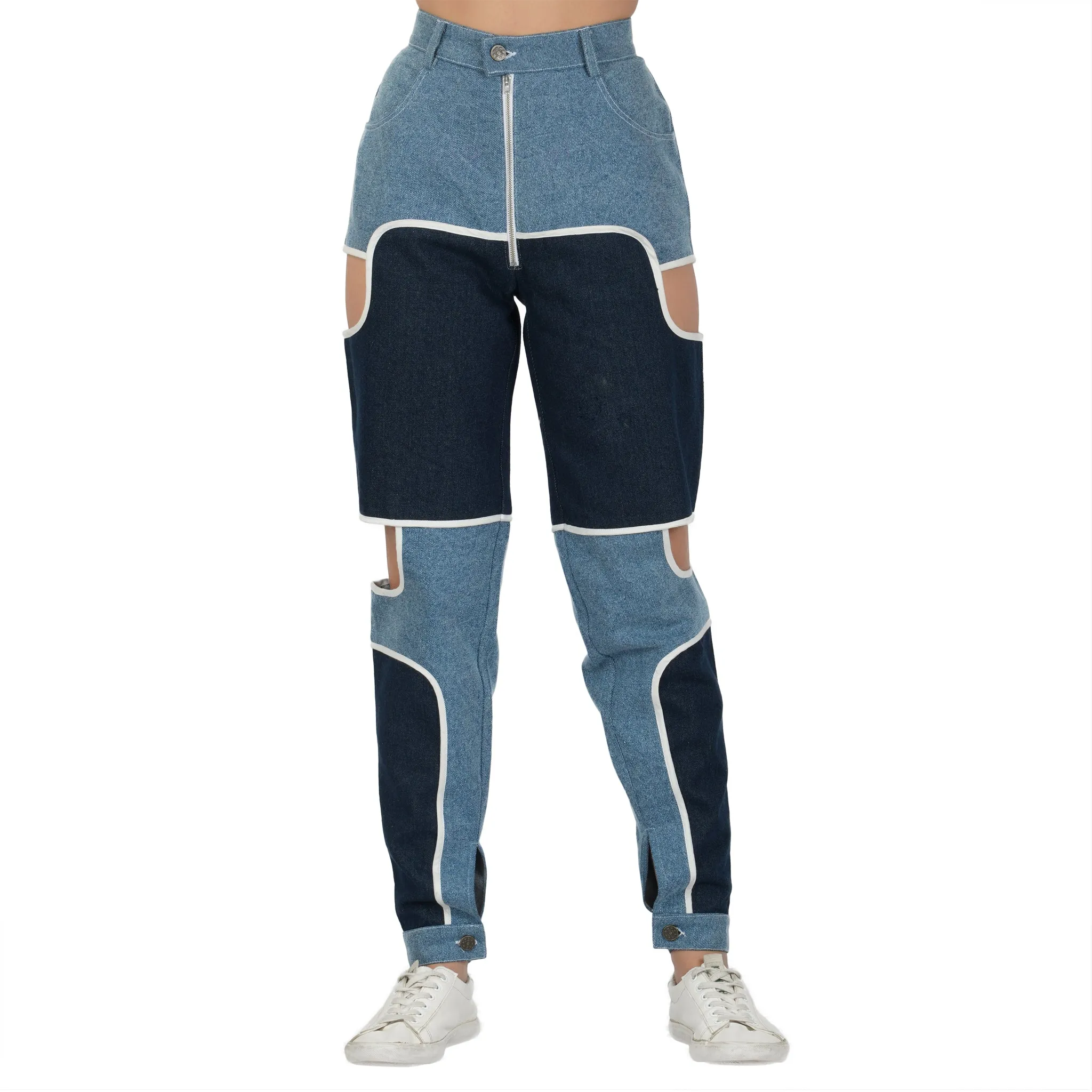 SLAY. Women's Side Cutout Blue & White Colorblock Denim Jeans