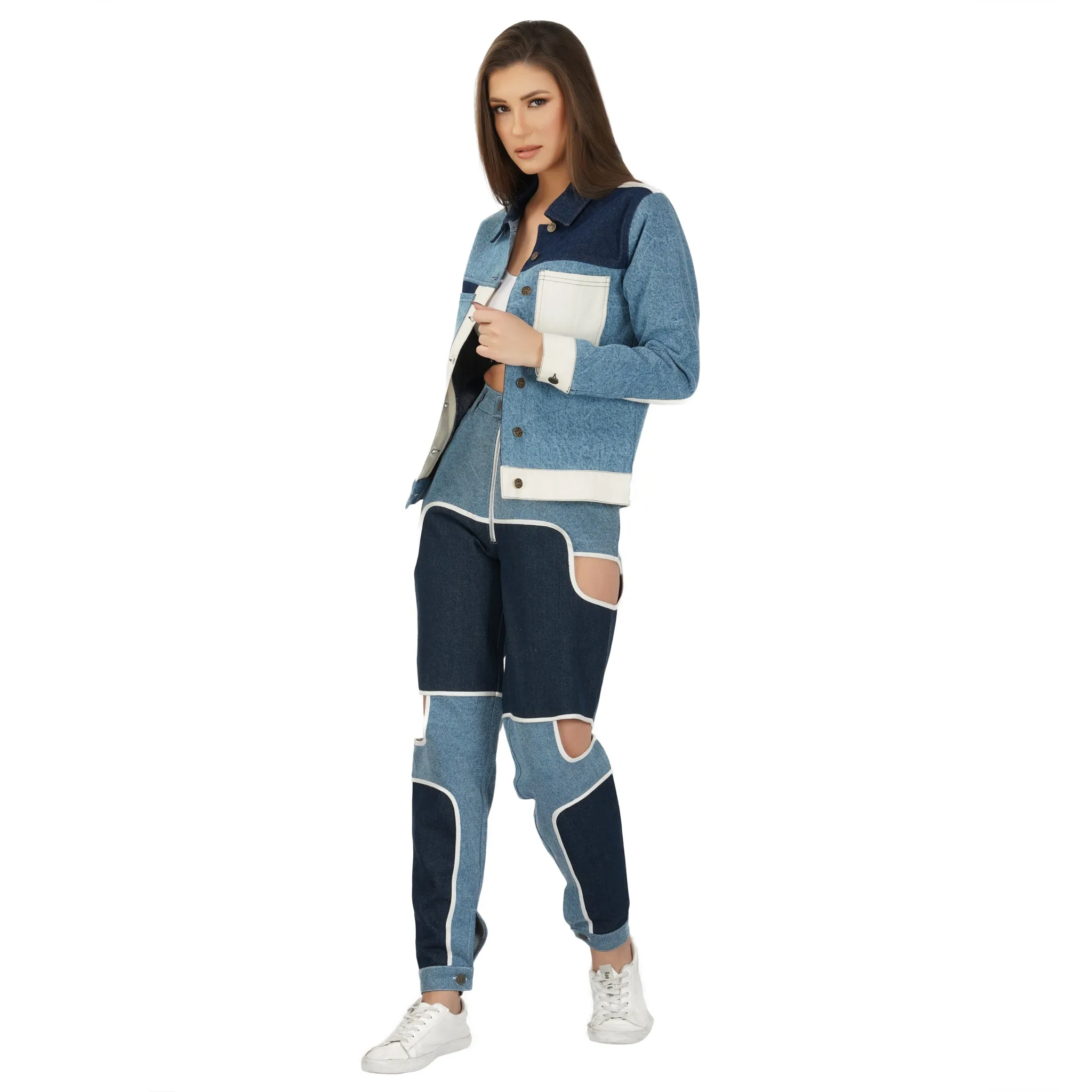 SLAY. Women's Side Cutout Blue & White Colorblock Denim Jeans