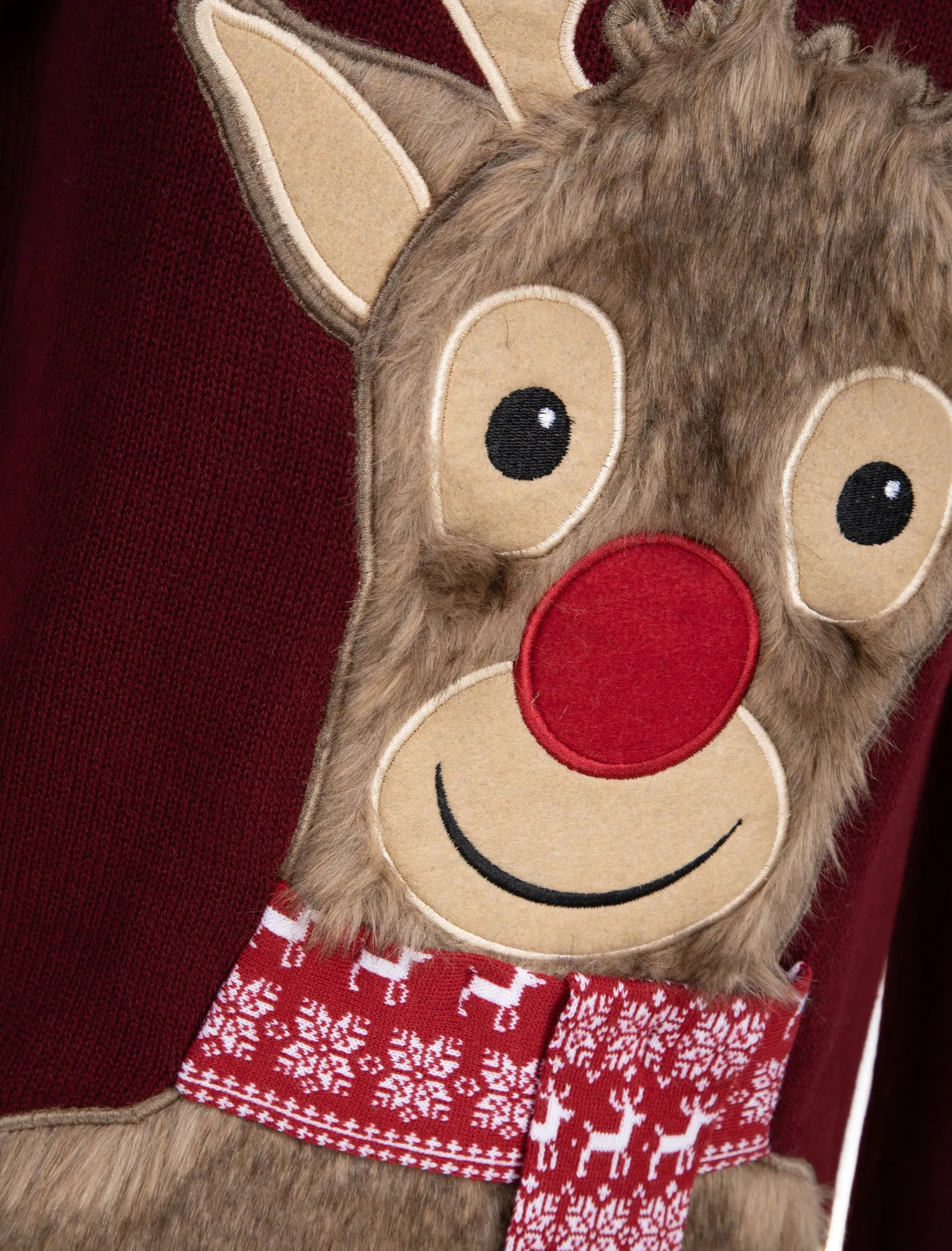 Sleepy Reindeer Novelty Christmas Jumper With Faux Fur Applique In Oxblood - Merry Christmas