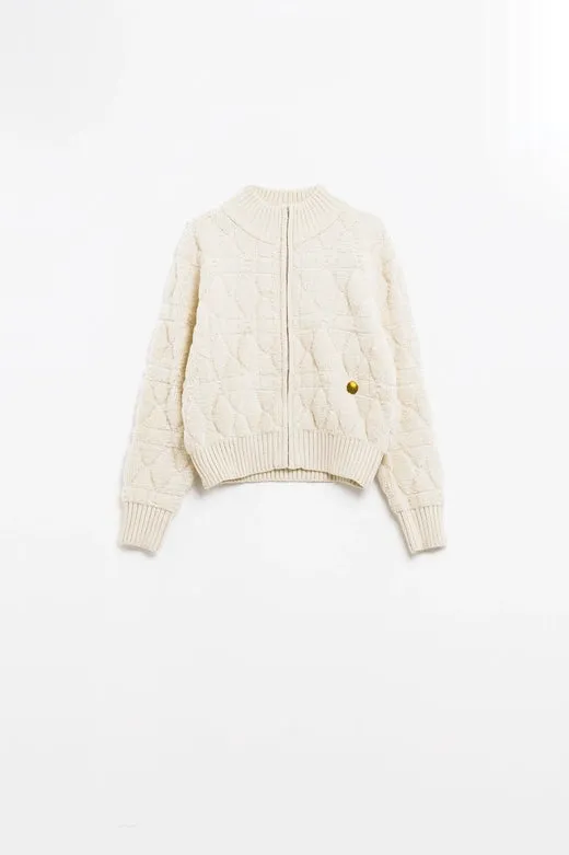 Soft Chunky Knit Bomber Jacket in Ecru Color