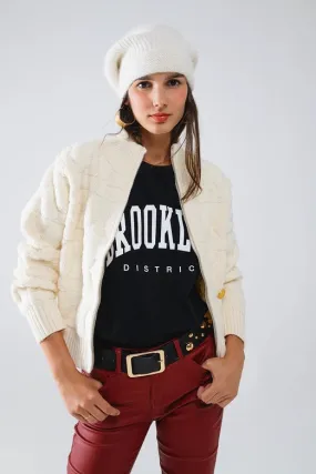 Soft Chunky Knit Bomber Jacket in Ecru Color