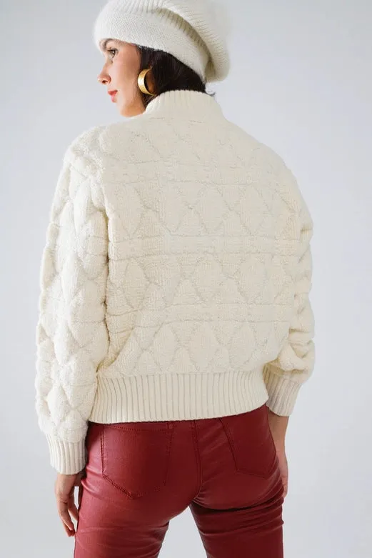 Soft Chunky Knit Bomber Jacket in Ecru Color