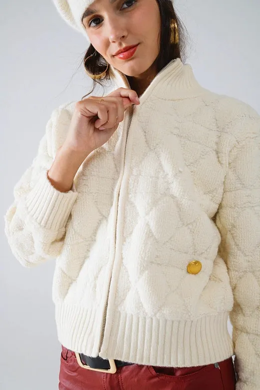 Soft Chunky Knit Bomber Jacket in Ecru Color