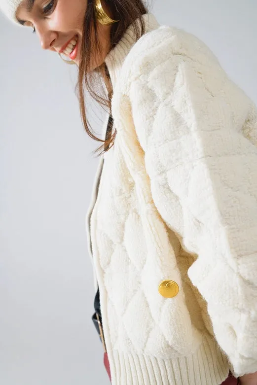 Soft Chunky Knit Bomber Jacket in Ecru Color