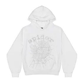 Sp5der OG Rhinestone Logo Hoodie White