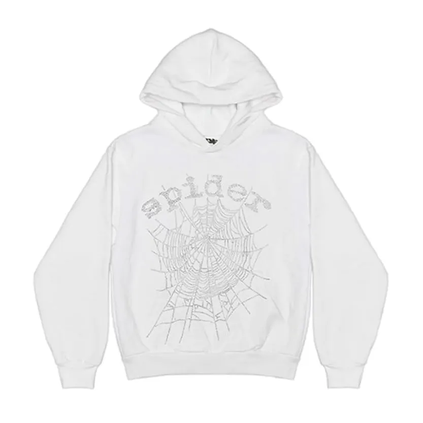 Sp5der OG Rhinestone Logo Hoodie White