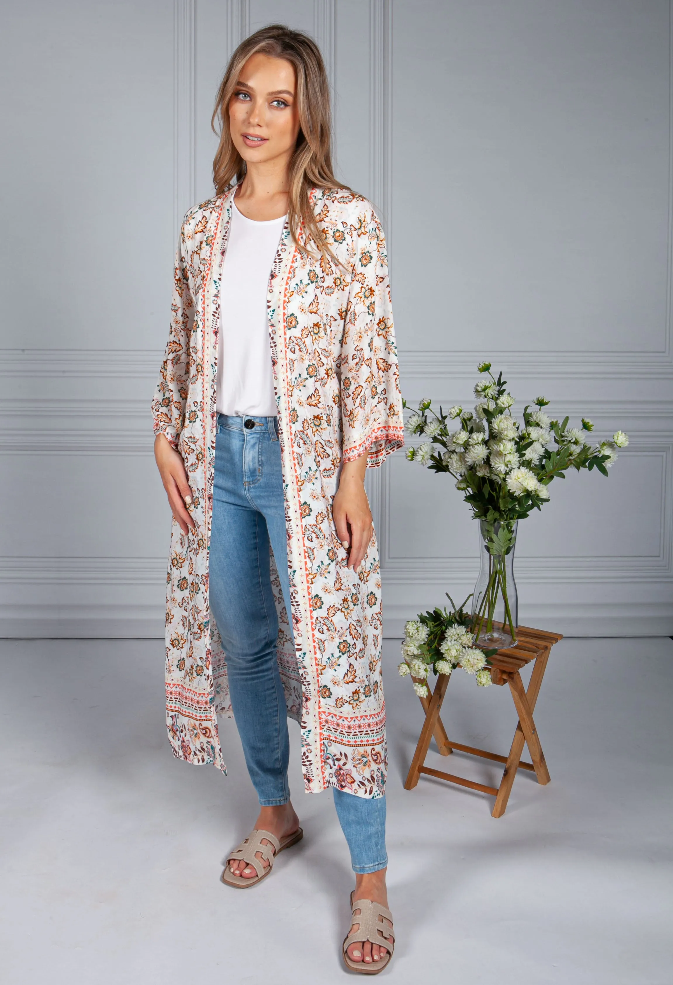 Vintage Floral Print Long Kimono Style Cardigan in Cream